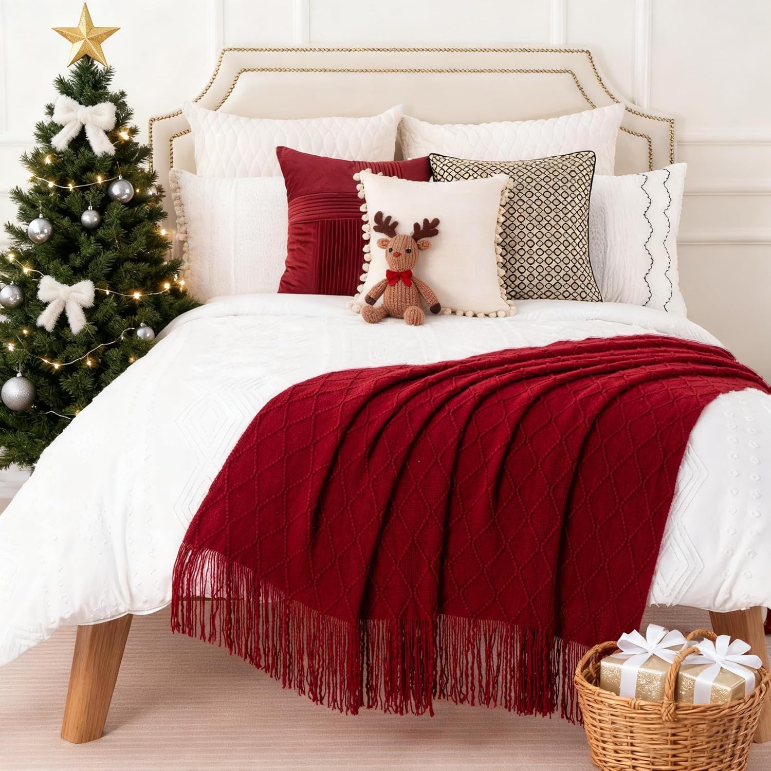 Christmas Decor Red Throw Blanket for Couch, Boho Bed Throws for Foot of Bed, Decorative Red Throws for Sofa Living Room, 50"X60"