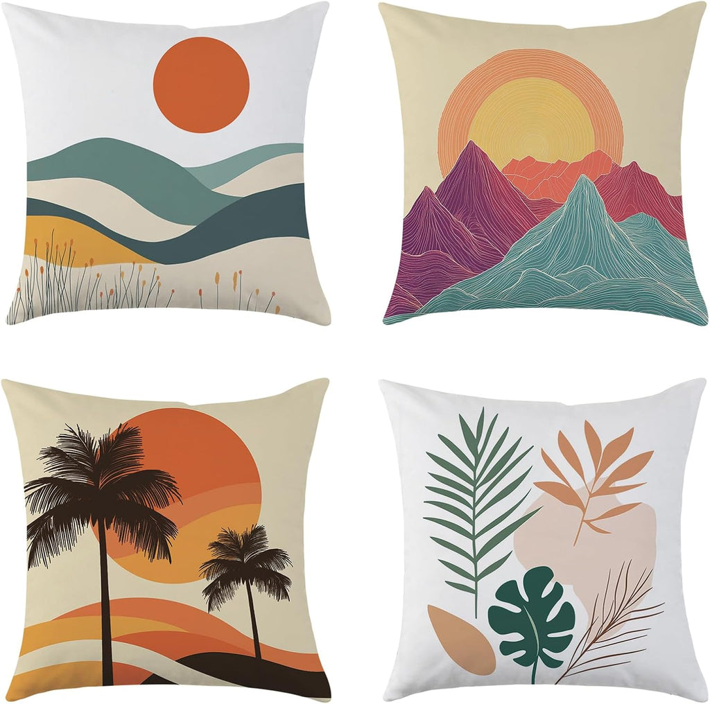 Tropical Pillow Covers 18X18 Inch Summer Decorative Pillow Covers Set of 4 | Double Sided Printing, Sunset Coastal Palm Leaves Beach Decorative Throw Pillow Cases, for Sofa Couch Porch Bed Living Room