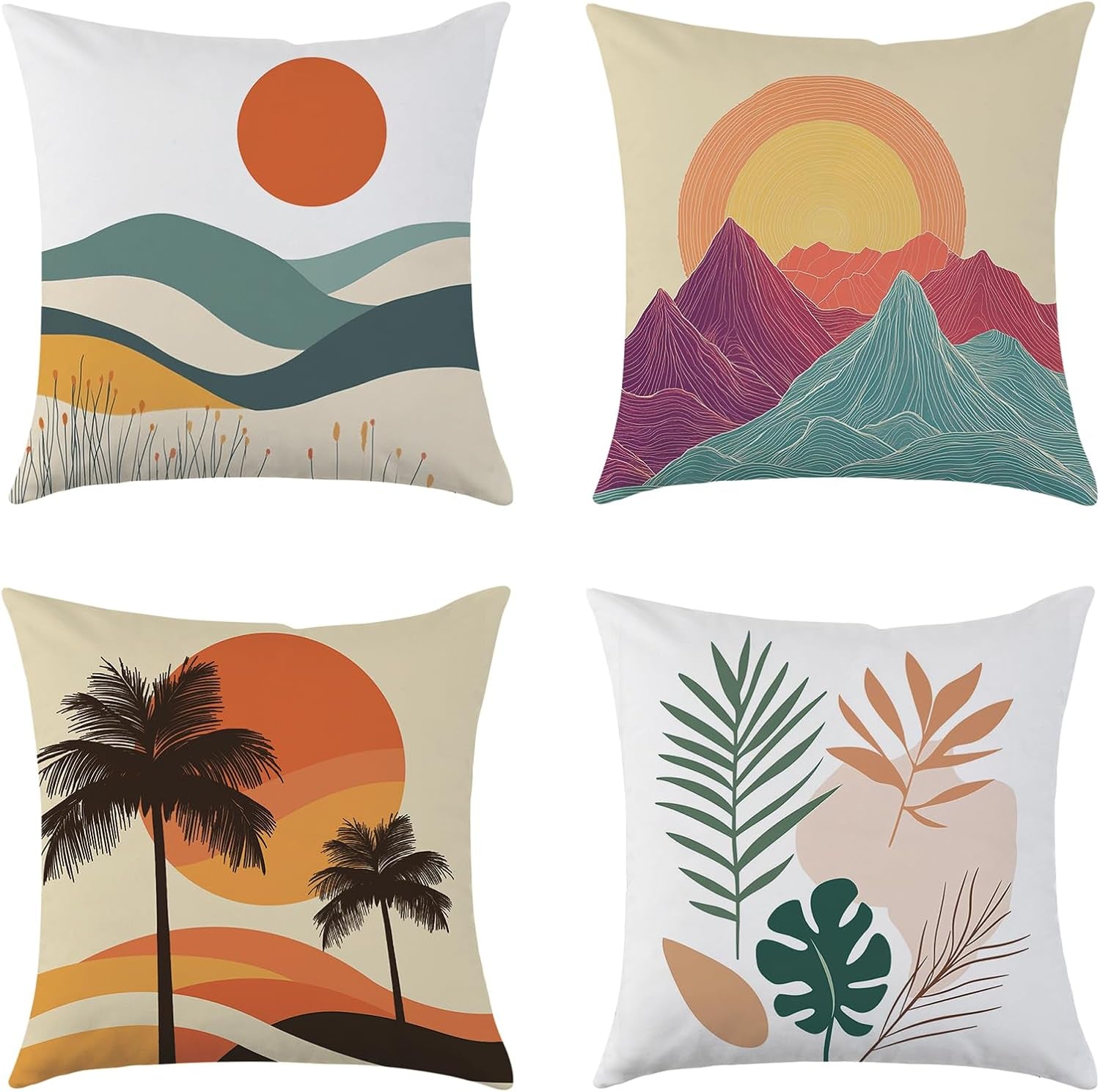 Tropical Pillow Covers 18X18 Inch Summer Decorative Pillow Covers Set of 4 | Double Sided Printing, Sunset Coastal Palm Leaves Beach Decorative Throw Pillow Cases, for Sofa Couch Porch Bed Living Room