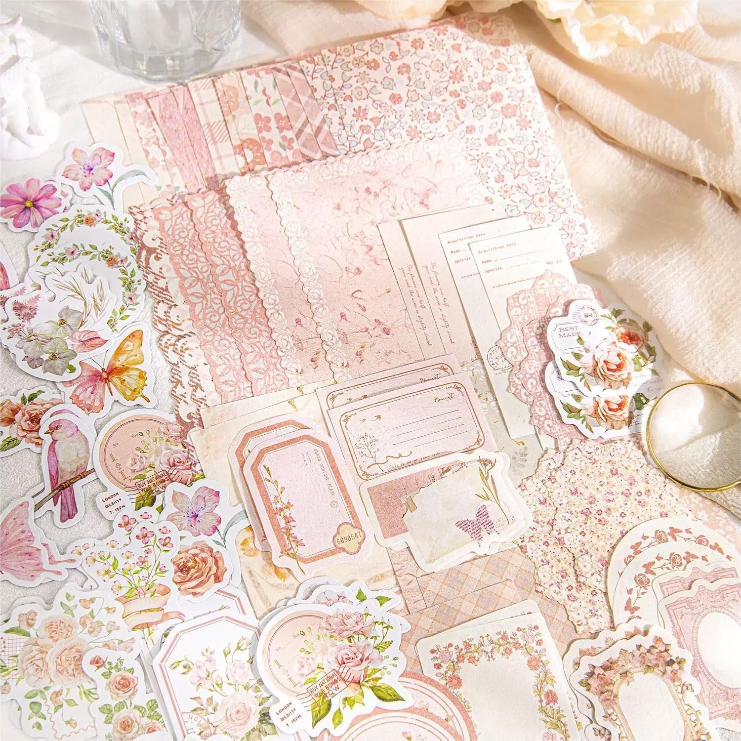 100Pcs Vintage Floral Scrapbook Paper Journaling Stickers Assorted Set, Material Paper Memo Junk Journal Supplies for Bullet Journaling Retro Crafts Planner Collage Card Album