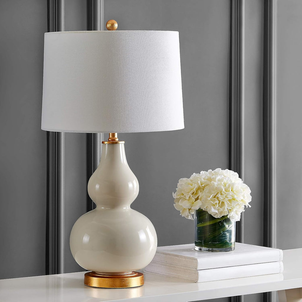 SAFAVIEH Lighting Collection – Karlen Set of 2 Cream & Gold Leaf Double Gourd Glass Table Lamps, Modern Contemporary Design, LED Bulbs Included (TBL4223A-SET2)
