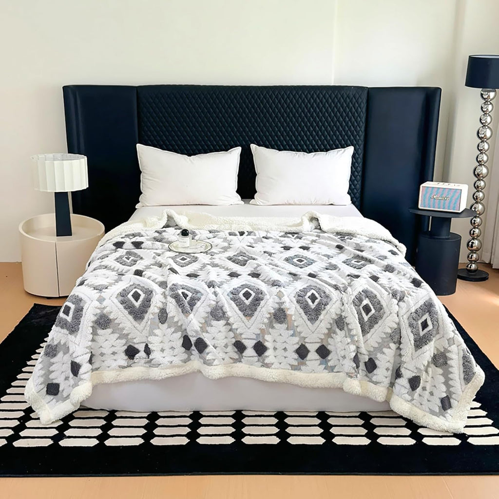 Large Bohemian Bed Blanket 80'' × 90'', Ultra Soft Aztec Bed Blankets for All Season, Cozy, Plush, Bohemian Throw Blanket for Couch/Sofa/Office/Camping, Dark Grey