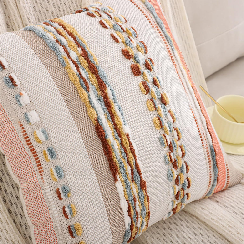 Boho Tufted Throw Pillow Covers 18X18 Set of 2 Stripe Decorative Pillow Cases Accent Chenille Pillowcases Farmhouse Cushion Case Nuetral Textured Pillow Cover Fall Autumn Home Decor,Orange