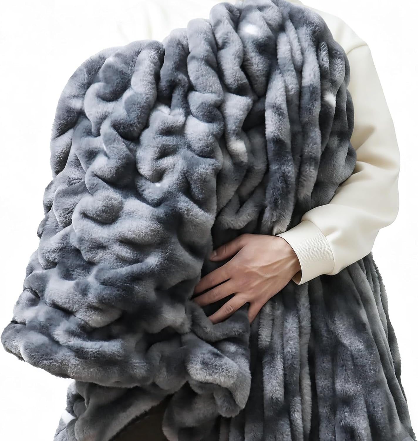 Double Sided Ruched Faux Rabbit Fur Throw Blanket for Couch, Ultra Soft Fluffy Mink Blanket, Plush Cozy Home Decor Throw Gifts for Women & Men, 50"X60", Tiedyedarkgrey