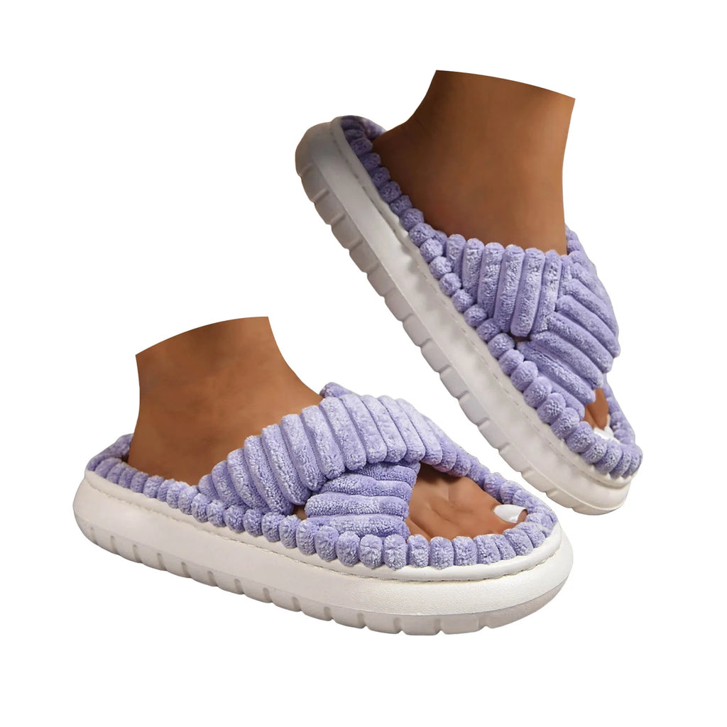 Slippers for Women Corduroy Cross Band Strap Open Toe Comfy Anti-Skid Bedroom House Slide Shoes