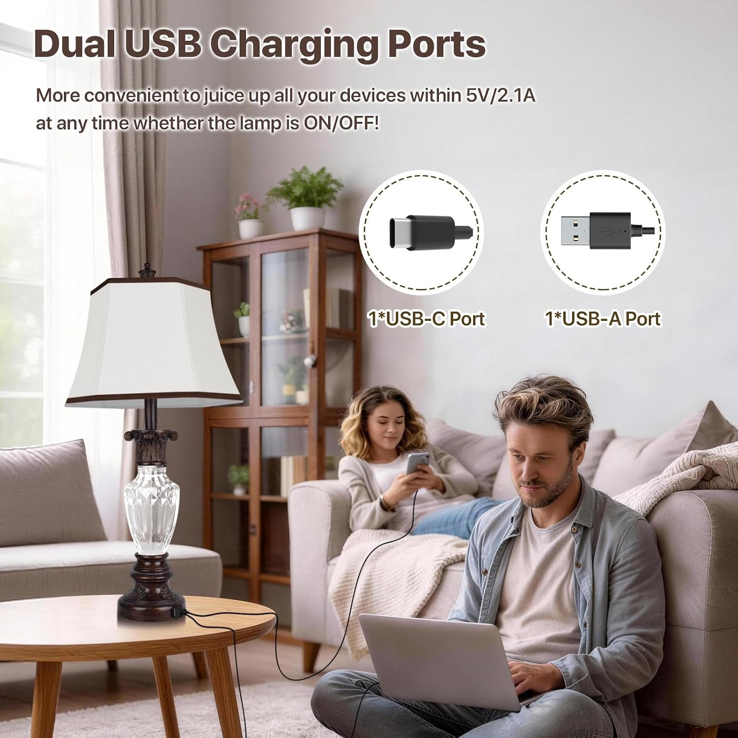 28.5" Table Lamps Set of 2, Vintage Glass Nightstand Lamps with USB Ports | Farmhouse Lamps for Living Room Bedroom, 3-Color Temperatures Bedside Lamp, Resin Brown Lamp with Nightlight, Bulbs Included