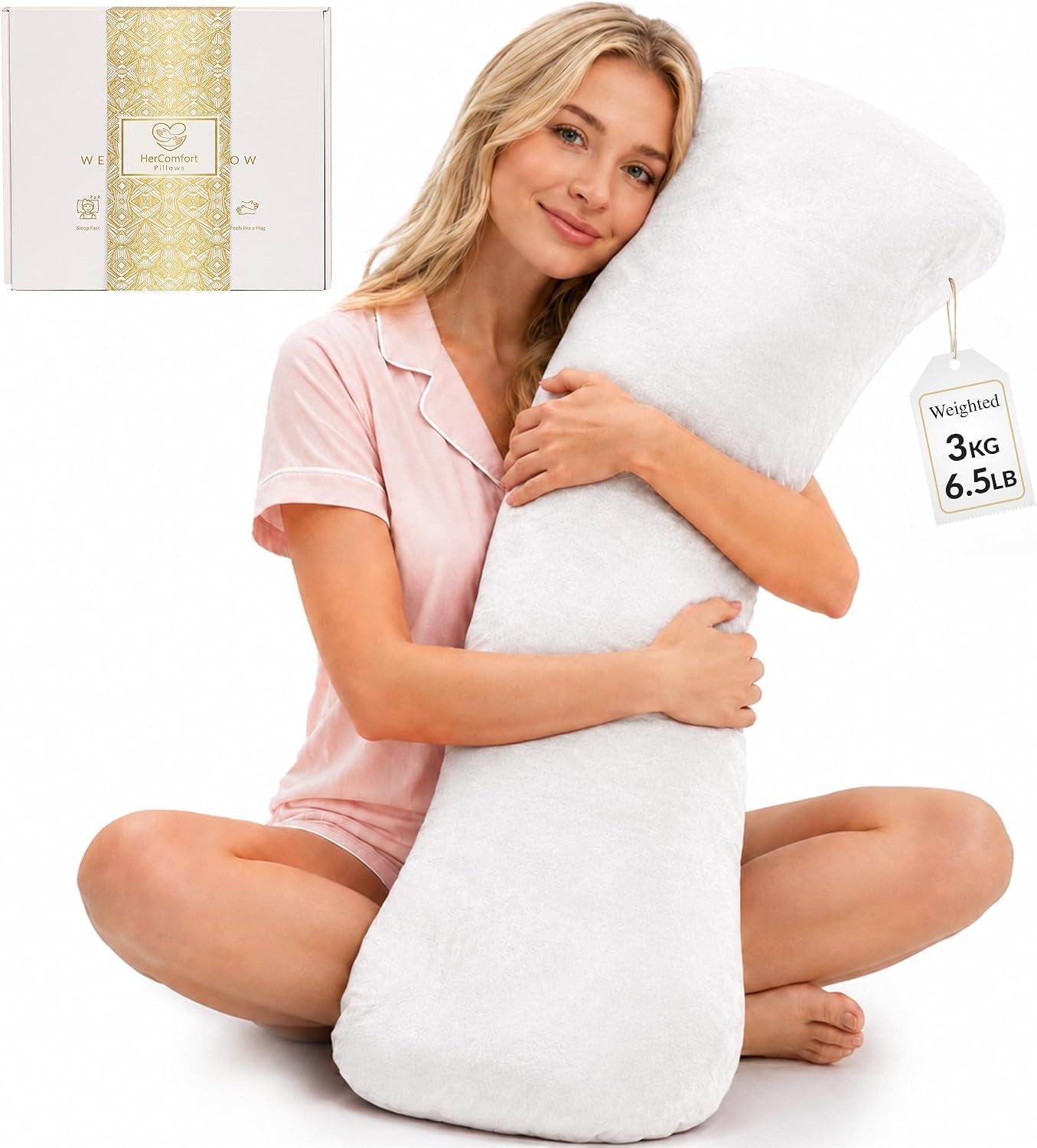 Weighted Pillow for Adults 6.5Lbs | 41" X 12" | Sleep Better & Feel Calm | Weighted Body Pillow for Stress Relief | Sleeping Hugging Pillows for Adults | Gift Women | Side Sleeping