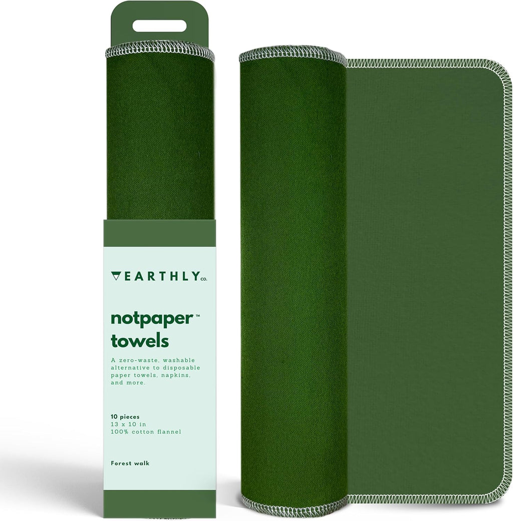 Reusable Paper Towels - 10 Pack - Roll of Washable Cotton Cloth Paper Towels - Paperless Reusable Napkins Cloth Washable - Absorbent + Long Lasting - Zero Waste Products - (Green)