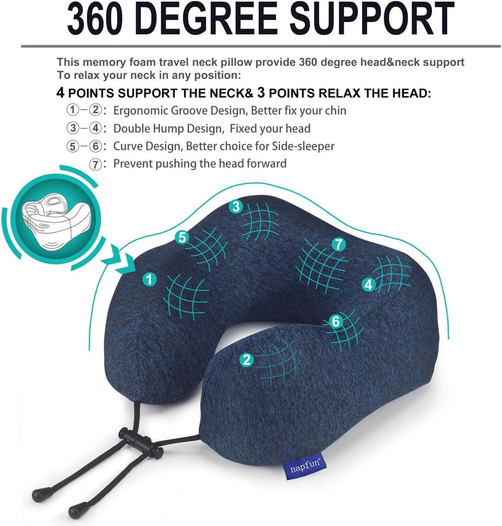 Neck Pillow for Traveling, Upgraded Travel Neck Pillow for Airplane 100% Pure Memory Foam Travel Pillow for Flight Headrest Sleep, Portable Plane Accessories, Blue