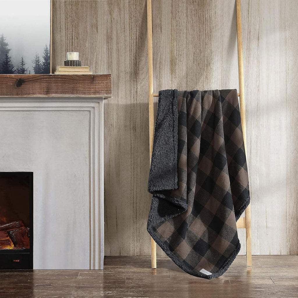 Eddie Bauer - Throw Blanket, Yarn Dyed Cotton Bedding with Solid Ultra-Soft Sherpa Reverse, Throw Blanket for Couch & Bed (Cabin Plaid Brown, 50" X 60")