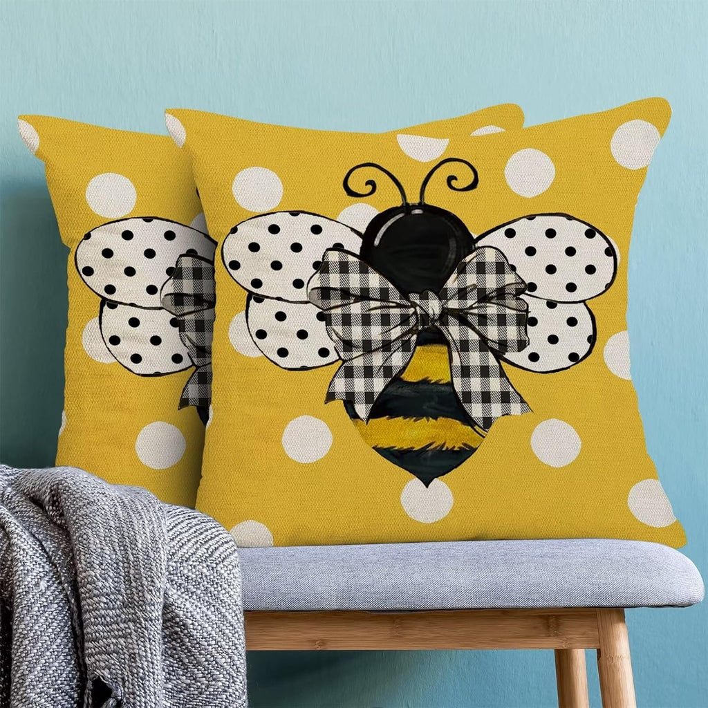 Yellow Bee Pillow Covers 16X16 Set of 2 Polka Dots Outdoor Decorative Throw Pillow Covers Summer Farmhouse Seasonal Linen Cushion Case for Home Sofa Couch Outdoor Decor