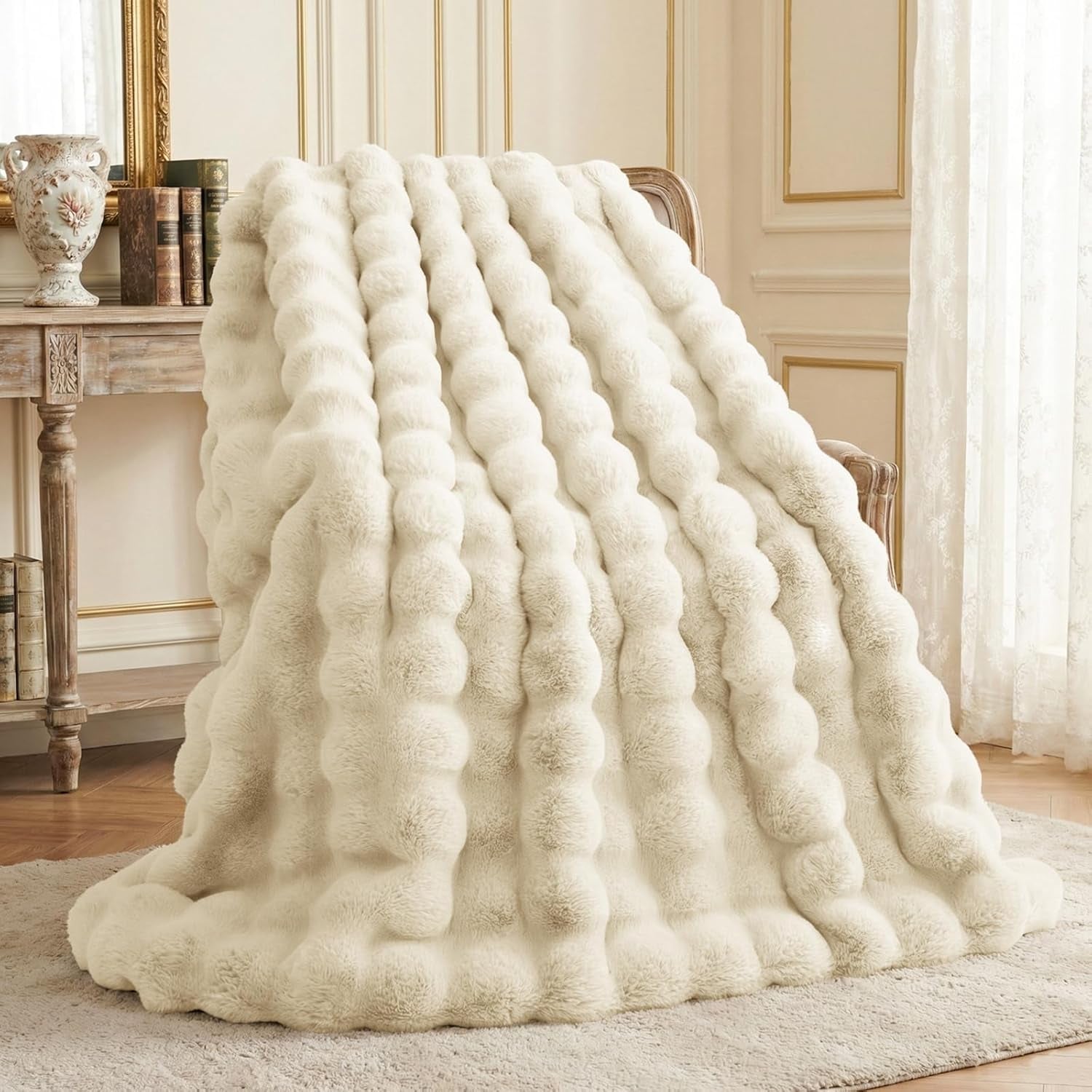 Faux Rabbit Fur Throw Blanket for Couch, 50'' X 60'' Almond White | Soft Cozy Bubble Fluffy Blanket for Sofa Bed, Thick Warm Plush Fuzzy Throw for Room Home Decor, Luxury Gift for Women Mom