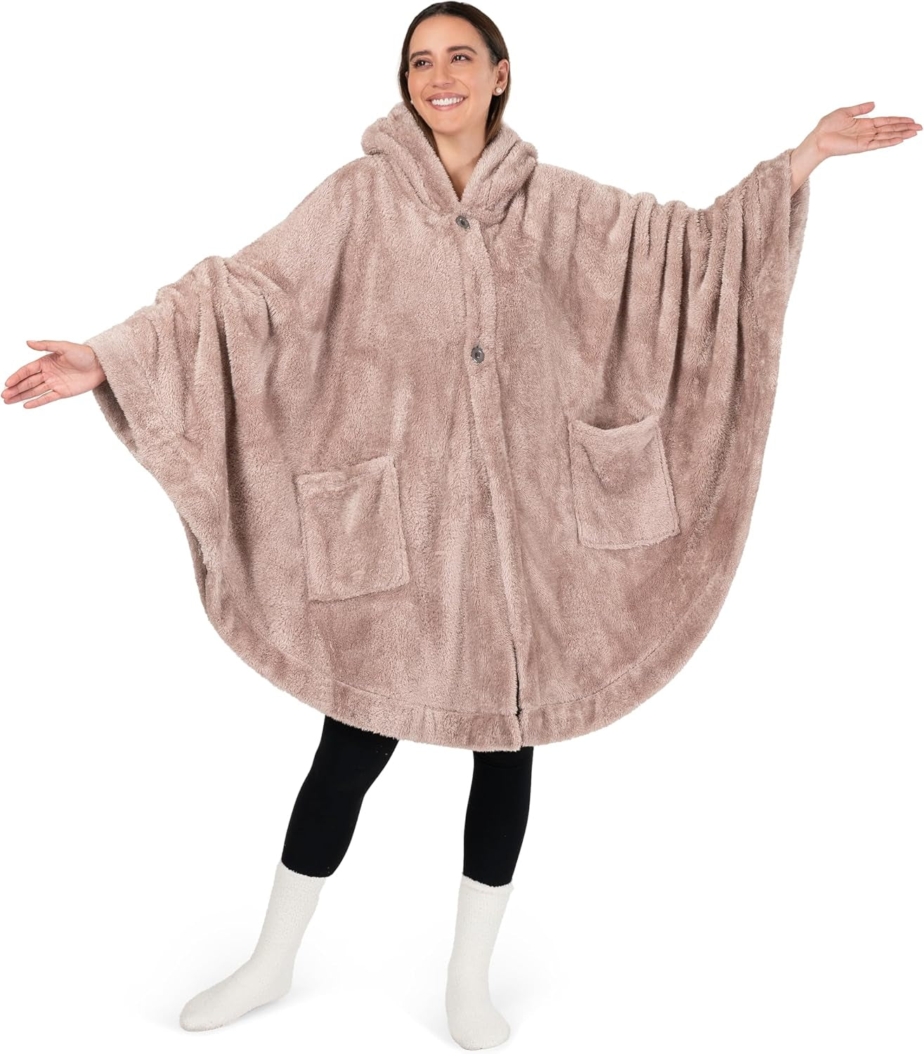 Hooded Blanket Poncho for Women, Wearable Sherpa Fleece Wrap with Pockets, Cozy Shawl Gift for Mom Grandma Wife