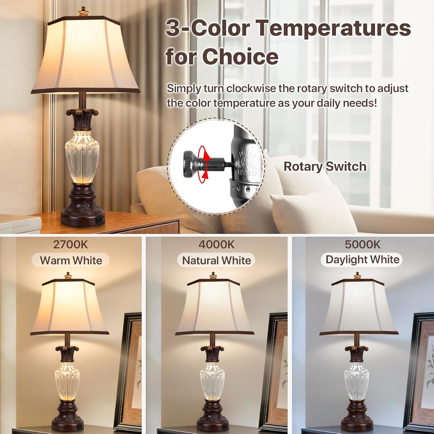 28.5" Table Lamps Set of 2, Vintage Glass Nightstand Lamps with USB Ports | Farmhouse Lamps for Living Room Bedroom, 3-Color Temperatures Bedside Lamp, Resin Brown Lamp with Nightlight, Bulbs Included