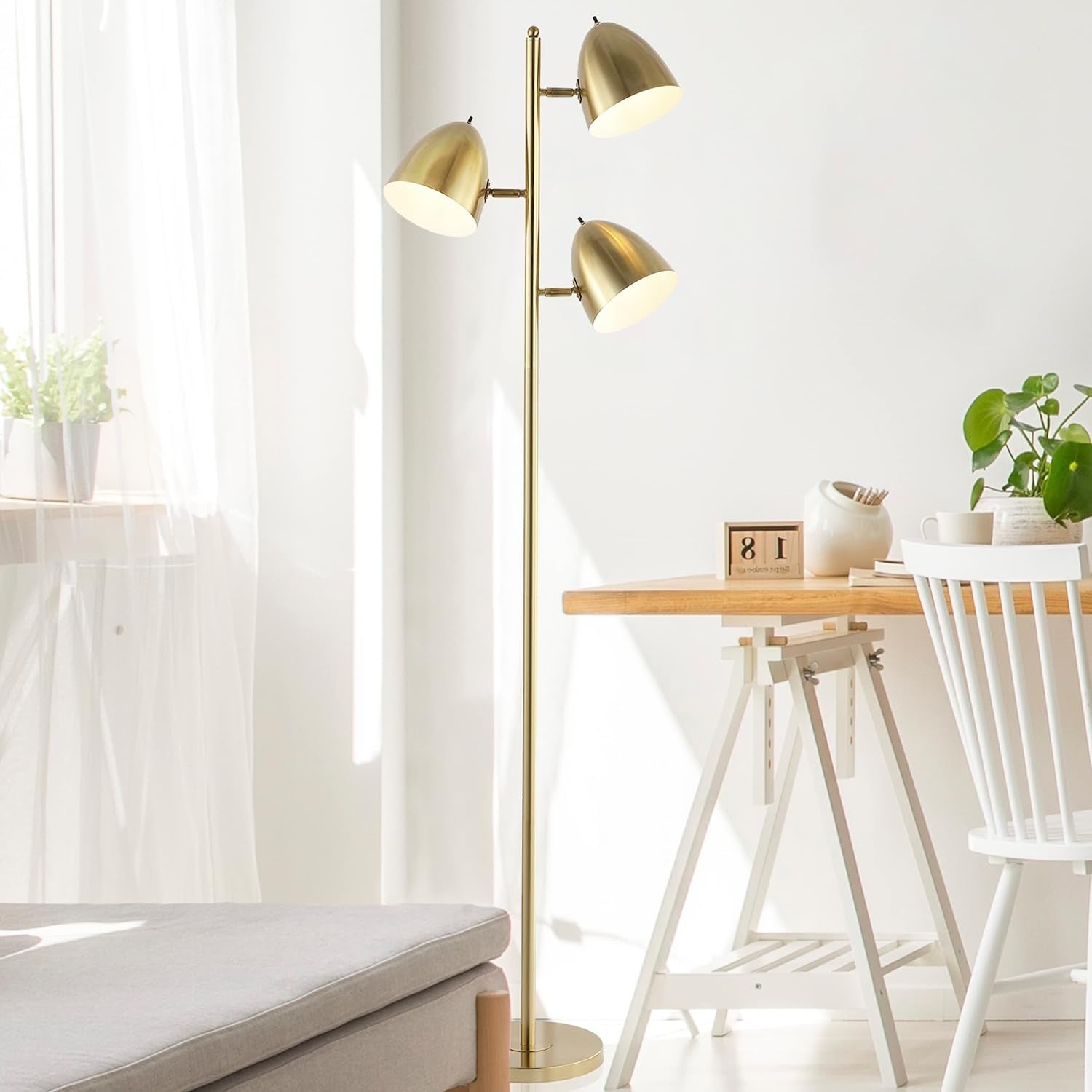 66.5" Brass Gold 3-Light Modern Mid-Century Iron LED Floor Lamp, Contemporary Standing Tree Lamp for Living Room, Rotating Sockets, UL Listed, LED Bulbs Included JYL3086A