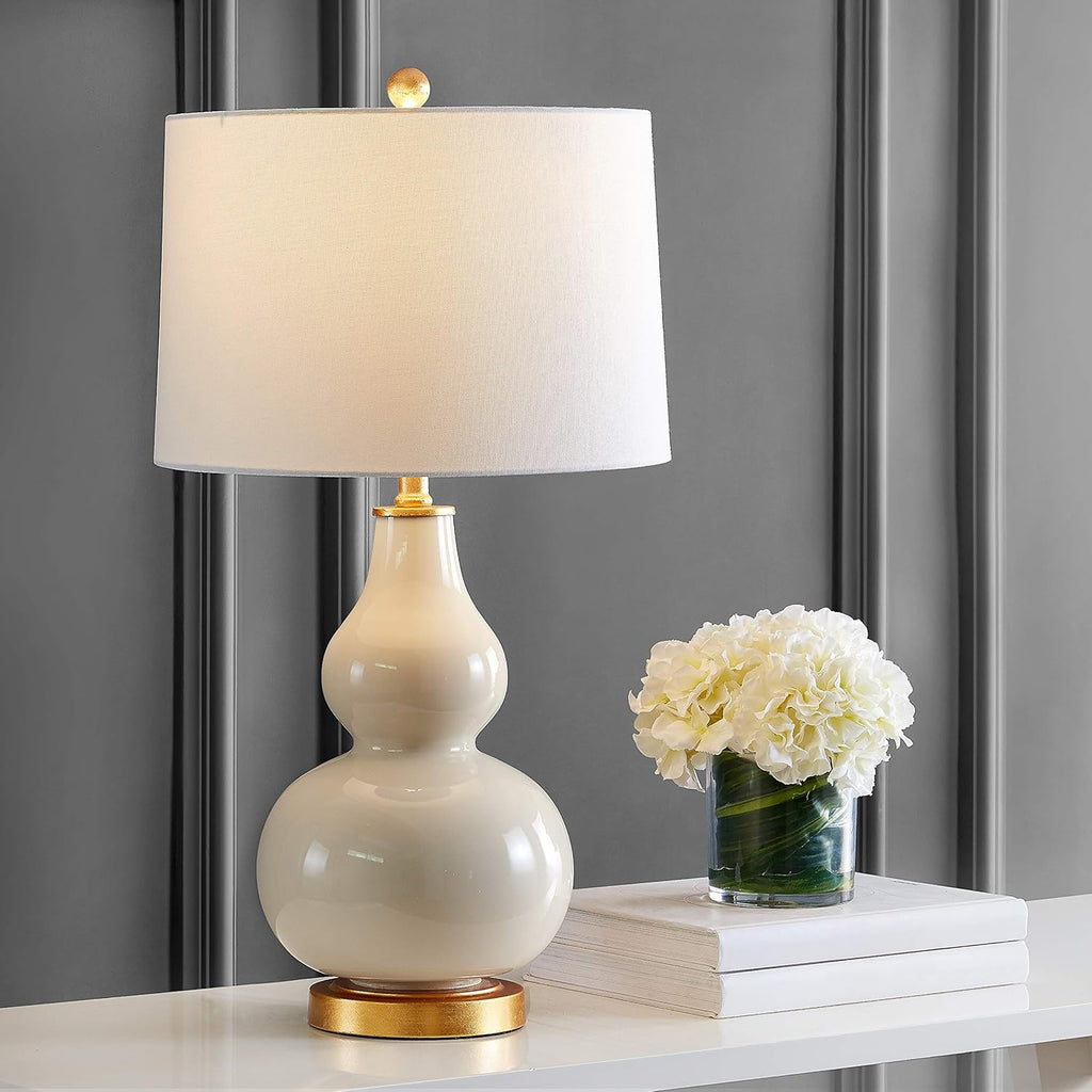 SAFAVIEH Lighting Collection – Karlen Set of 2 Cream & Gold Leaf Double Gourd Glass Table Lamps, Modern Contemporary Design, LED Bulbs Included (TBL4223A-SET2)