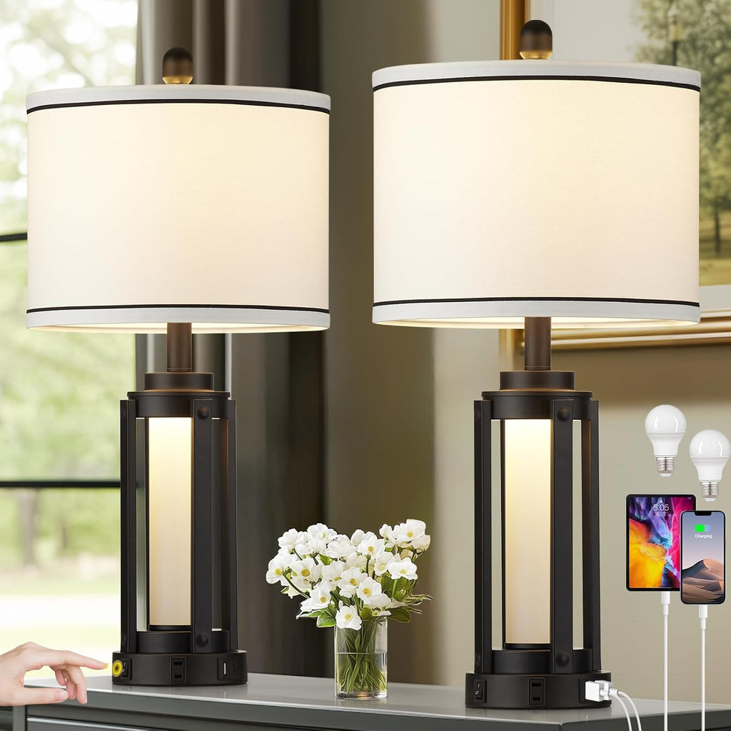 Industrial Table Lamps Set of 2, Modern beside Lamp with USB A+C Charging Ports & AC Outlet, Rustic Nightstand Lamp with LED Night Light for Living Room Bedroom End Table Entryway Black Bulbs Included
