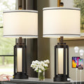 Industrial Table Lamps Set of 2, Modern beside Lamp with USB A+C Charging Ports & AC Outlet, Rustic Nightstand Lamp with LED Night Light for Living Room Bedroom End Table Entryway Black Bulbs Included