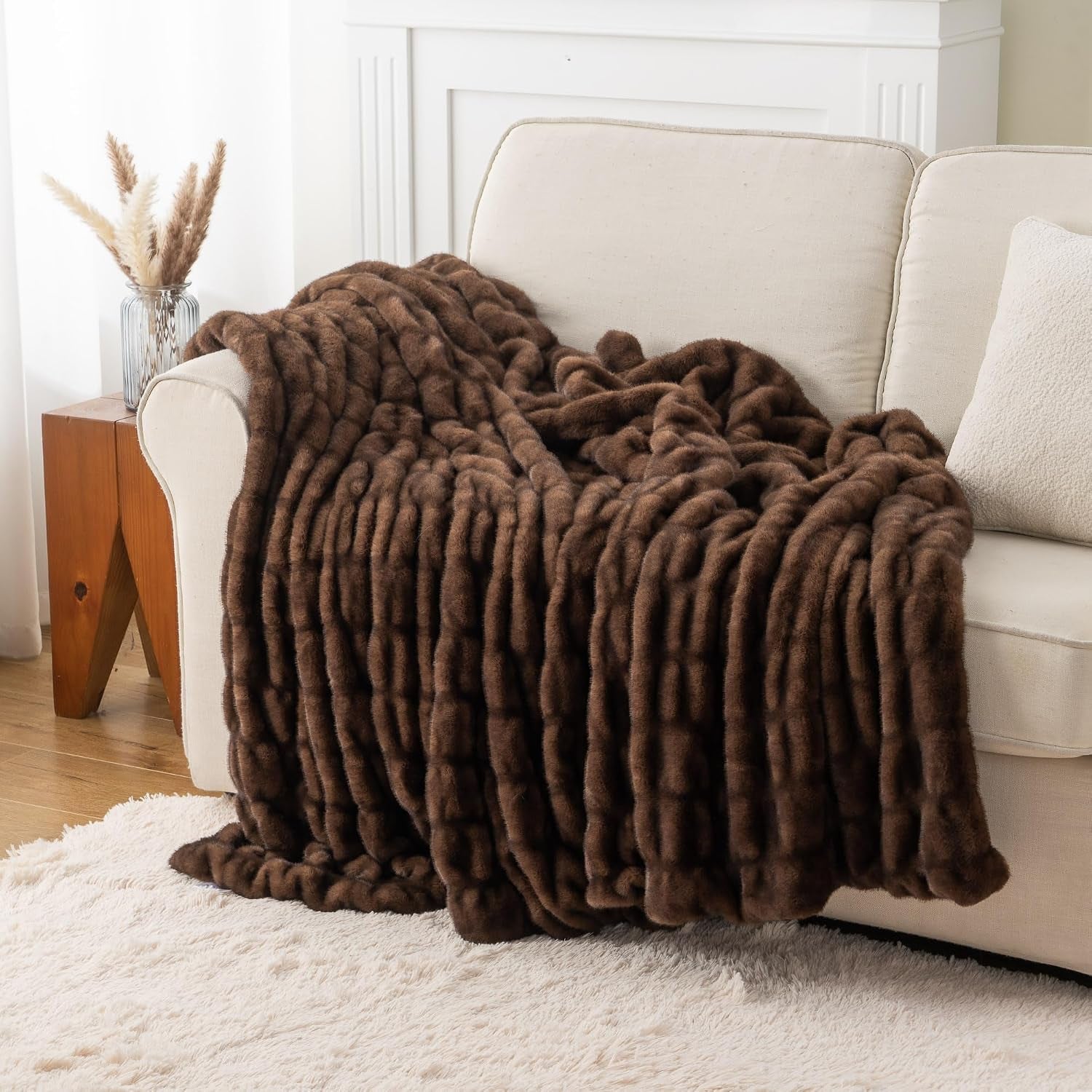 Battilo Chocolate Brown Faux Fur Throw Blanket for Couch, 50"X60" | Luxury Faux Rabbit Fur Blanket with Brown Tip, Soft Cozy Mink Plush Ruched Faux Fur Blanket for Bed, Sofa Living Room