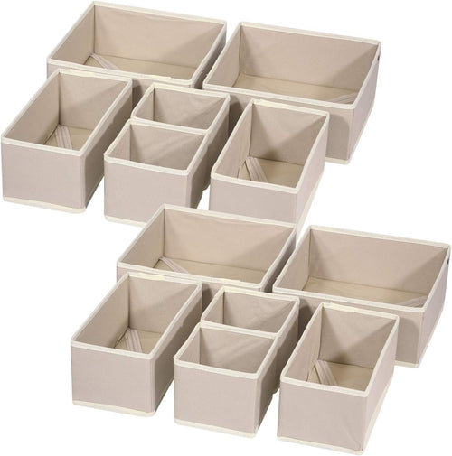 12 Pack Foldable Cloth Storage Box Closet Dresser Drawer Organizer Fabric Baskets Bins Containers Divider for Clothes Underwear Bras Socks Lingerie Clothing, Beige 444