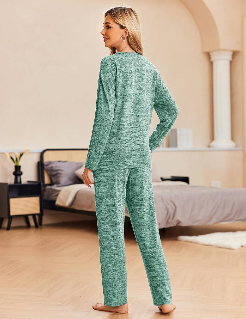 Pajama Set Womens Long Sleeve Sleepwear Pullover Top and Pants Cozy Loungewear Soft Pjs Lounge Set with Pockets S-XXL