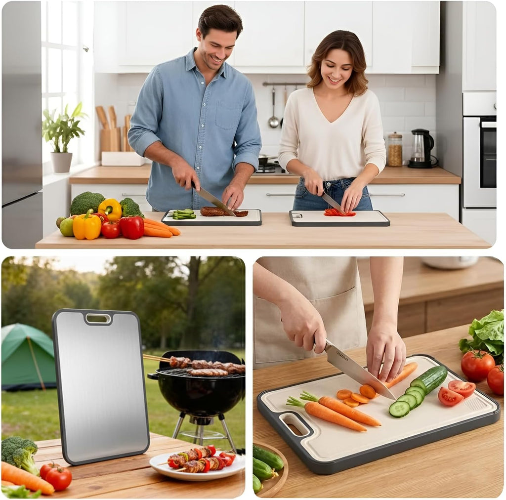 Titanium Cutting Board for Kitchen, Double Sided 2-In-1 Chopping Board with Grinding Area, Food Grade Non Toxic Metal Cutting Board for Meat & Veggies, Easy to Clean, Large Size 16"×11"
