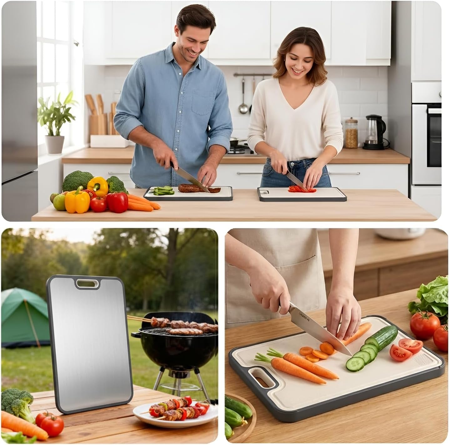 Titanium Cutting Board for Kitchen, Double Sided 2-In-1 Chopping Board with Grinding Area, Food Grade Non Toxic Metal Cutting Board for Meat & Veggies, Easy to Clean, Large Size 16"×11"