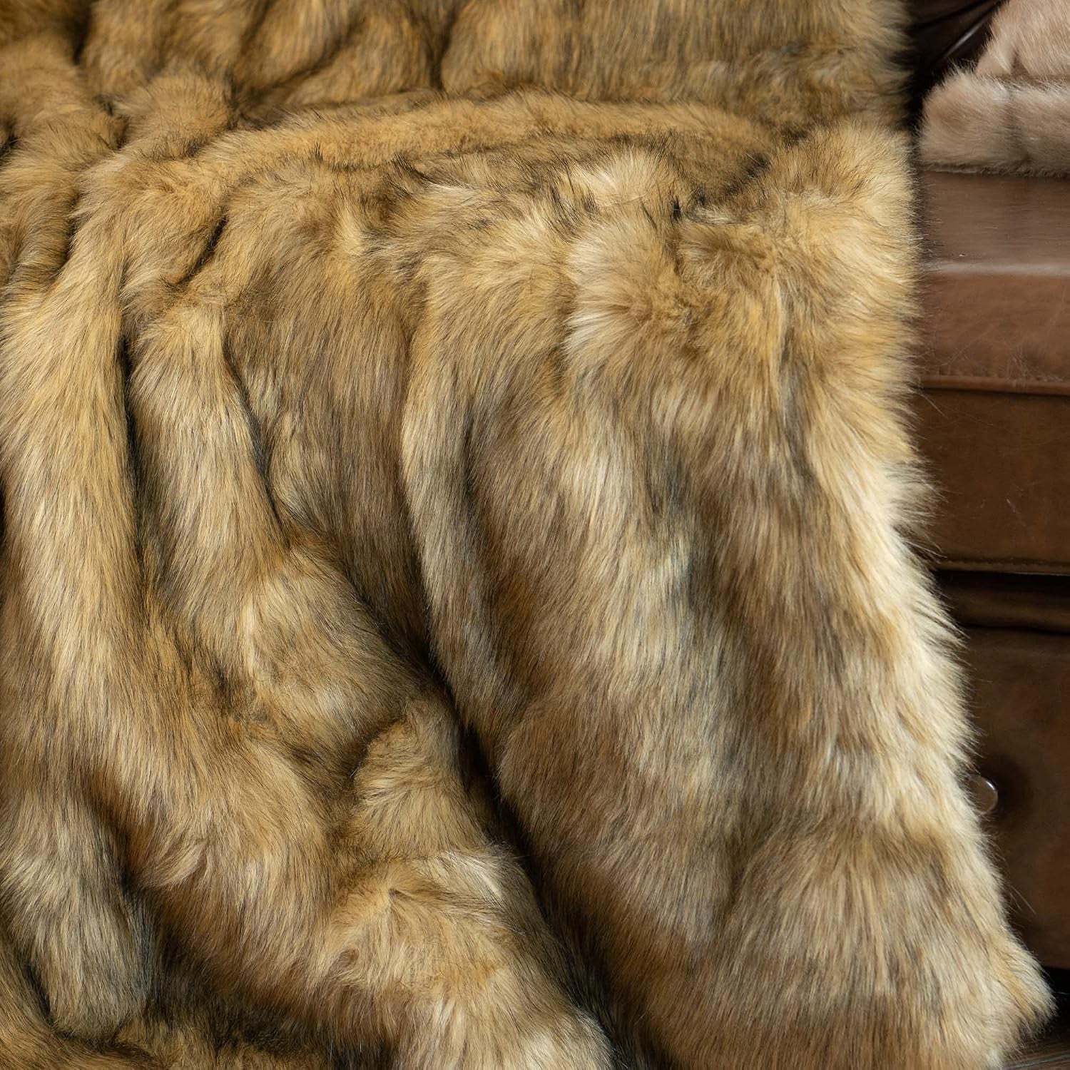 BATTILO Golden Faux Fur Throw Blanket for Couch, 50"X60", Thick Warm | Luxury Soft Cozy Plush Elegant Furry Fluffy Faux Fur Blanket for Bed, Sofa, Living Room, Long Pile with Black Tips