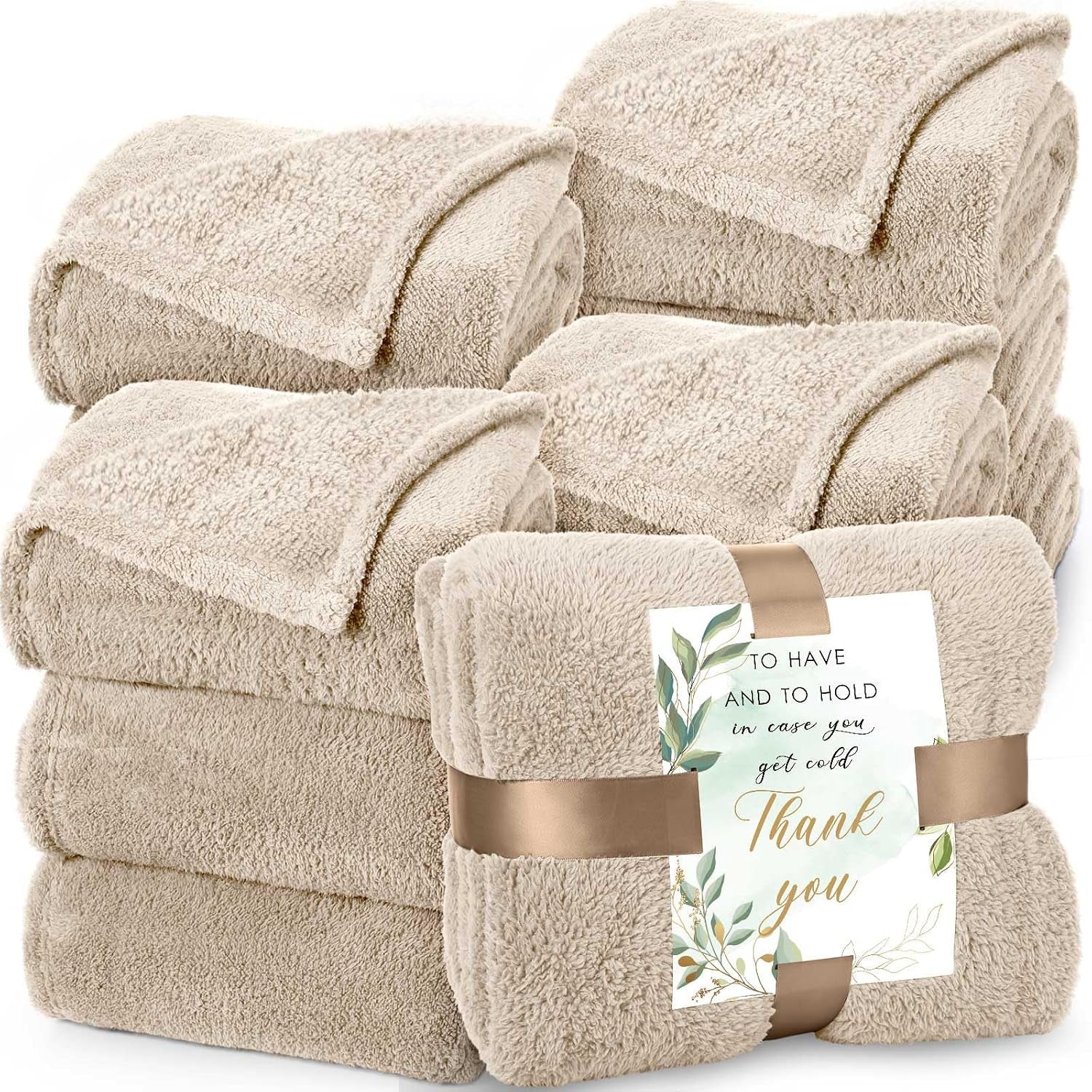 12Pcs 50 X 60'' Sherpa Fleece Throw Blanket Bulk with Thank You Cards and Ribbon Soft Sherpa Throw Warm Fleece Blankets for Wedding Gifts Bed Couch Sofa Season(Khaki)