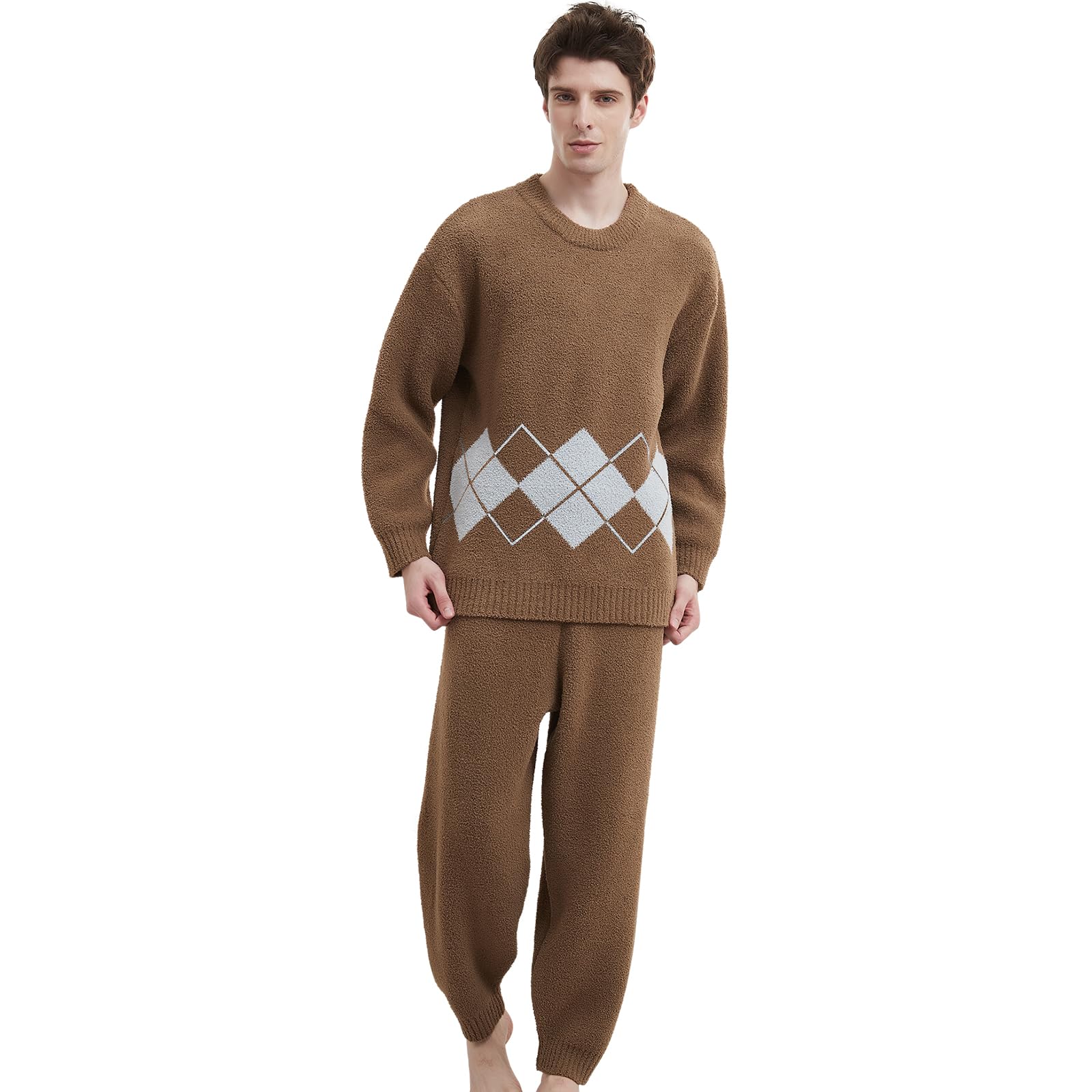 GONGLU Mens Plush Fleece Pajama Set Warm and Cozy Long Sleeve Top and Bottom Nightwear Lounge Set Mens Pjs Sets with Pockets