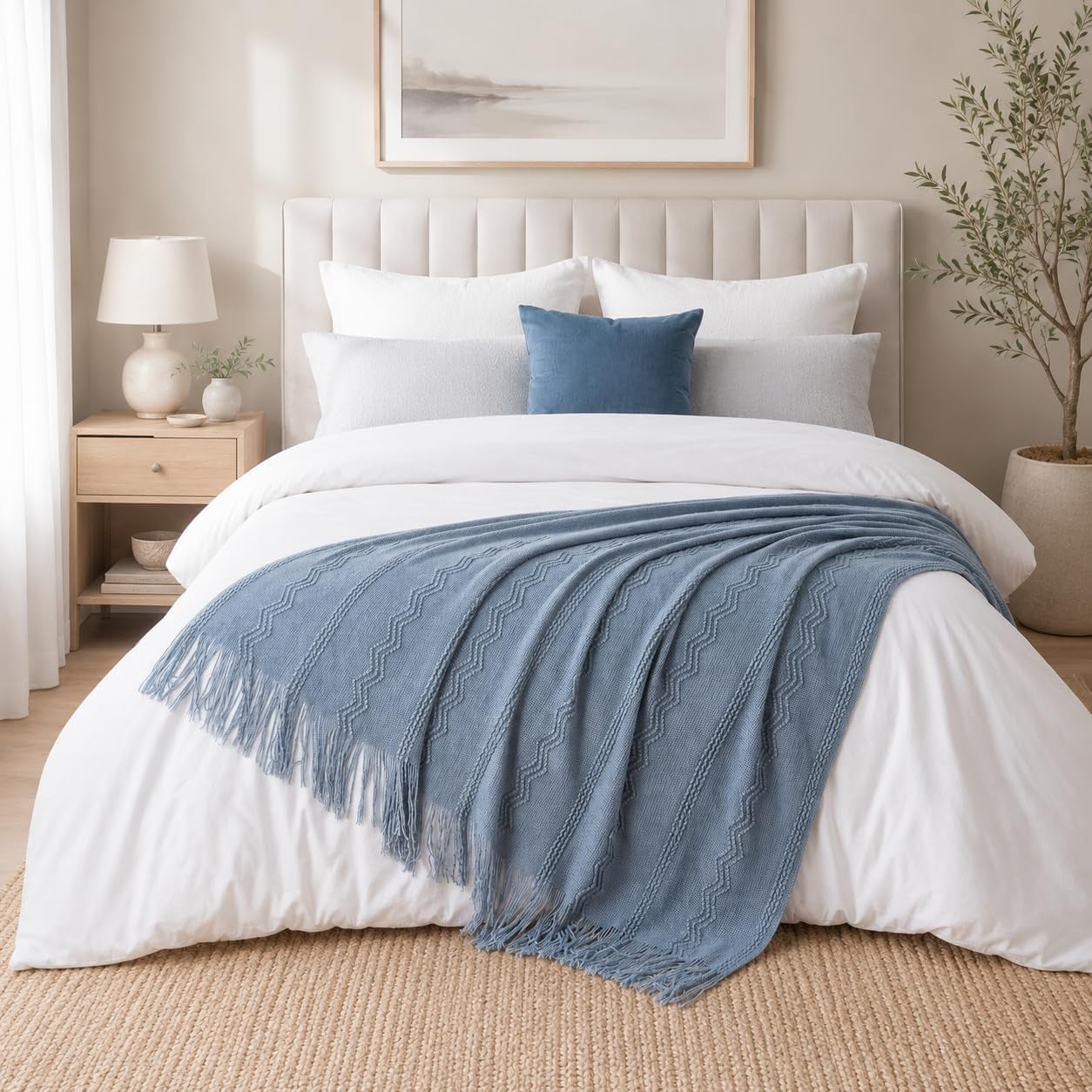 Dusty Blue Throw Blanket for Couch, Soft Knit Throws with Tassels for Home Decor, Blue Blankets and Throws for Bed Sofa, 50"X60"