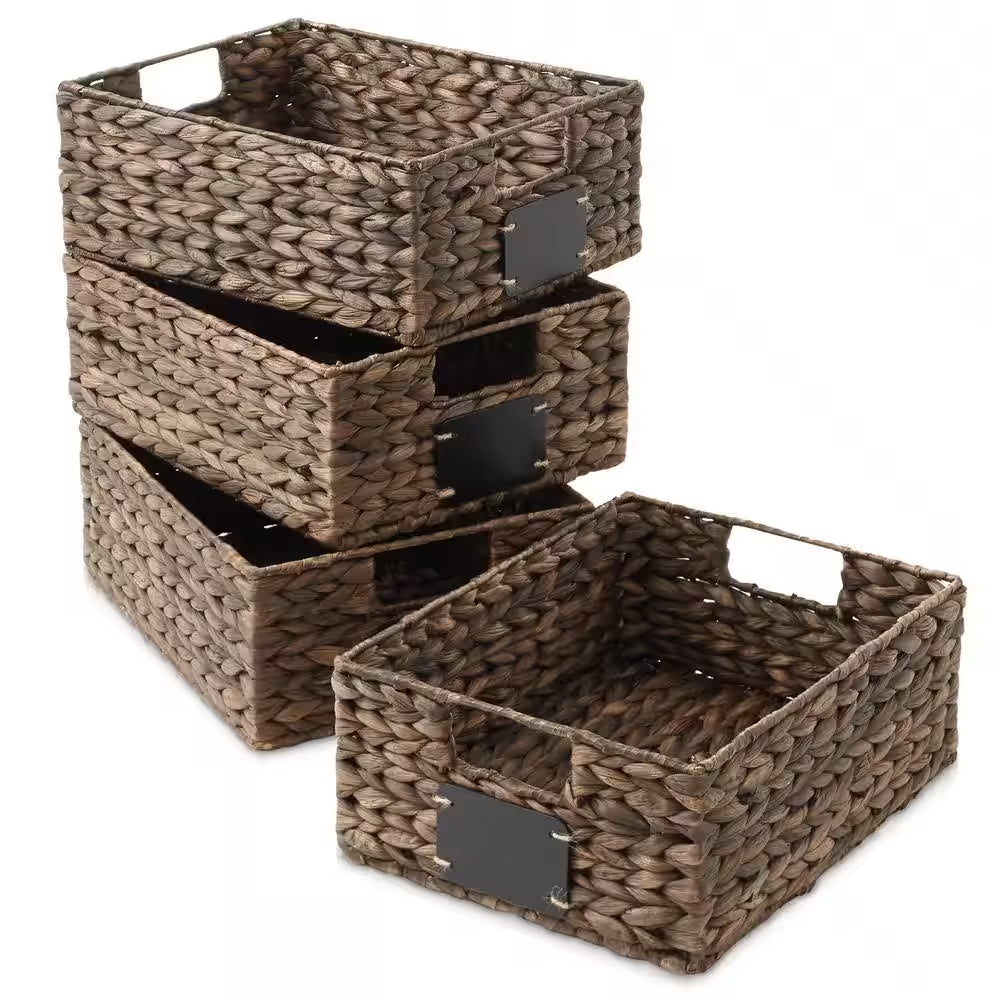 Brown Espresso 10 In. X 13 In. X 5 In. Wicker Water Hyacinth Decorative Baskets Pantry Storage Bins (Set of 4)