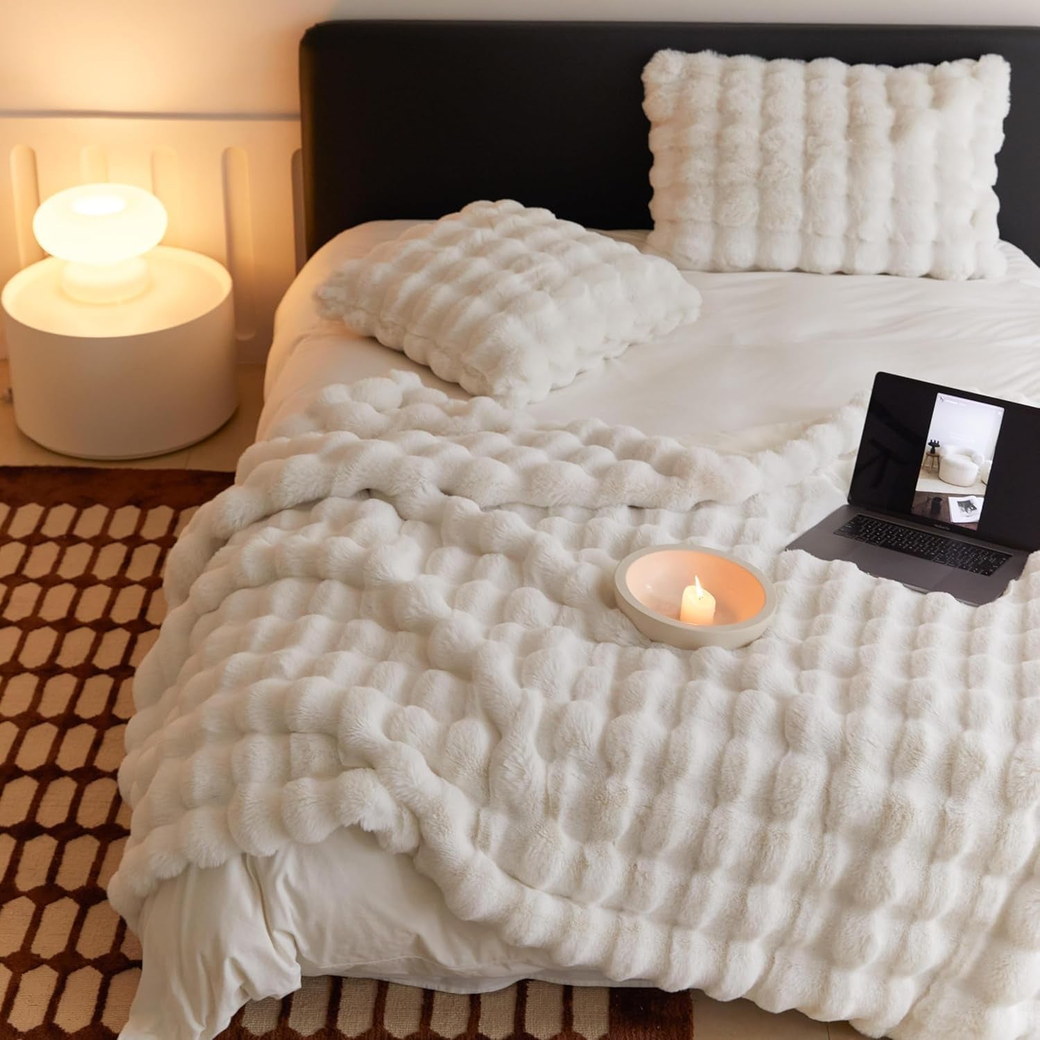 Faux Fur Throw Blanket for Couch Cozy Plush Bubble Blankets Soft Fluffy Thick Rabbit Fur Blankets for Sofa Bedroom Living Room (Cream White, 60"X80")