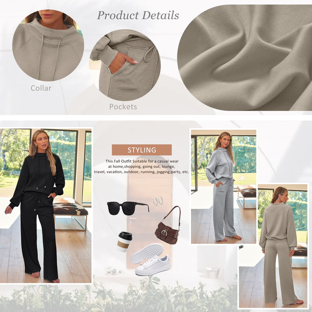 2 Piece Outfits Women Sweatsuits Drawstring Sweatshirt Lounge Sets 2025 Fall Wide Leg Sweatpants Tracksuit with Pockets