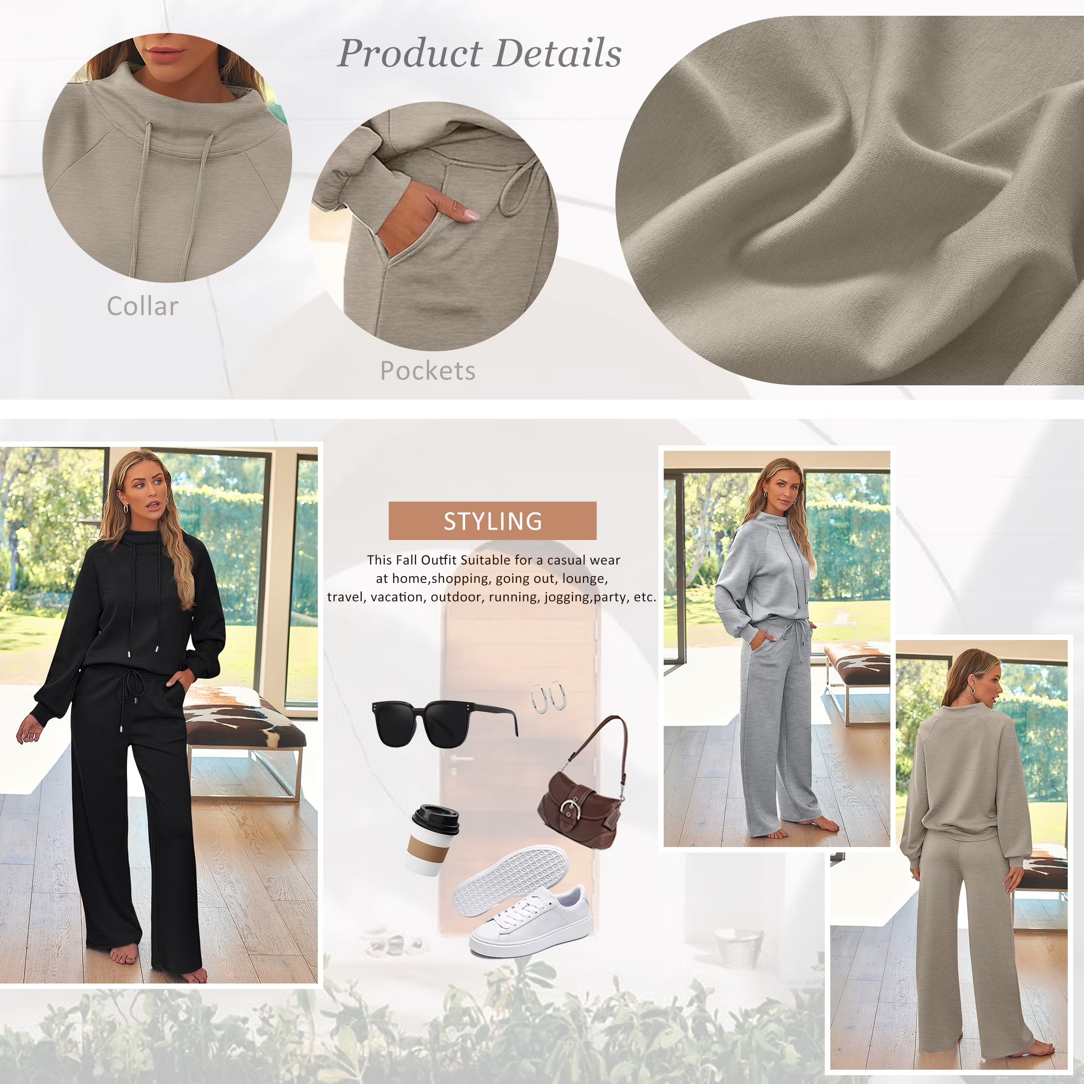 2 Piece Outfits Women Sweatsuits Drawstring Sweatshirt Lounge Sets 2025 Fall Wide Leg Sweatpants Tracksuit with Pockets