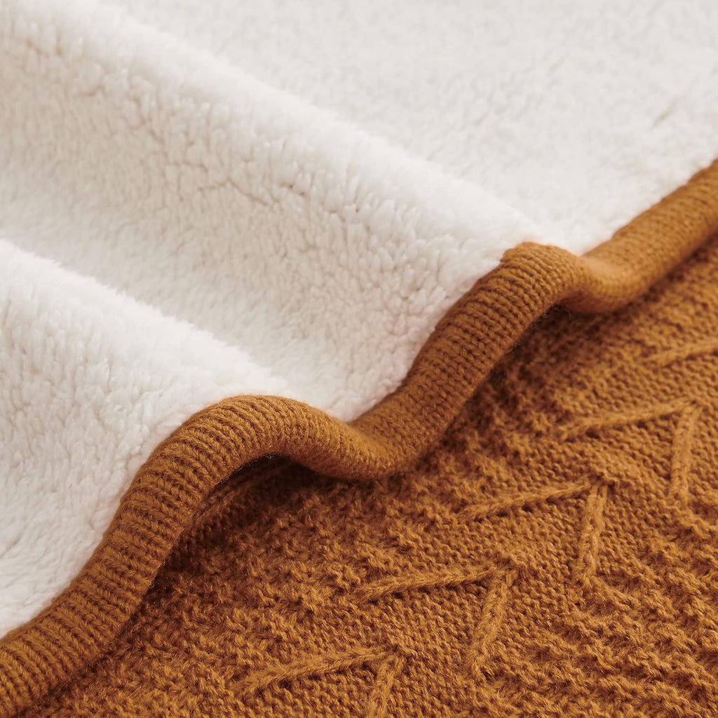 Acrylic Cable Knit Sherpa Throw Blanket - Thick, Soft, Big, Cozy Burnt Orange Knitted Fleece Blankets for Couch, Sofa, Bed - Large 60 X 80 Inches Coverlet All Season