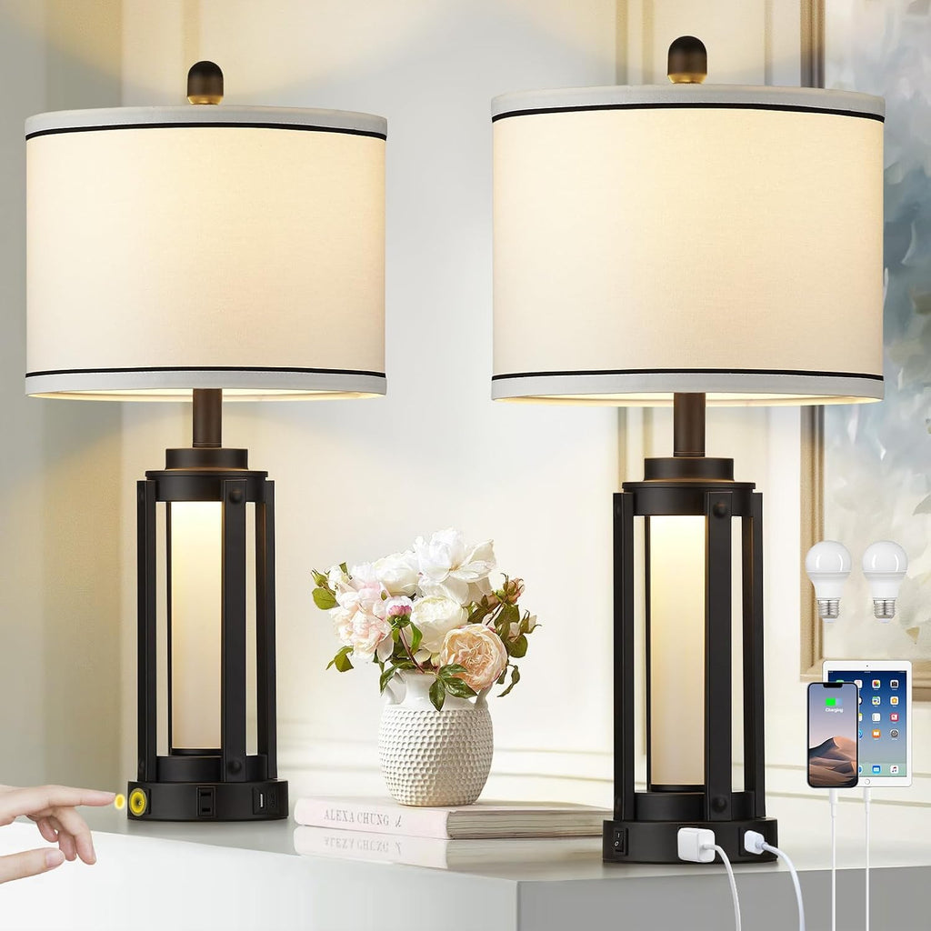 Industrial Table Lamps Set of 2, Modern beside Lamp with USB A+C Charging Ports & AC Outlet, Rustic Nightstand Lamp with LED Night Light for Living Room Bedroom End Table Entryway Black Bulbs Included