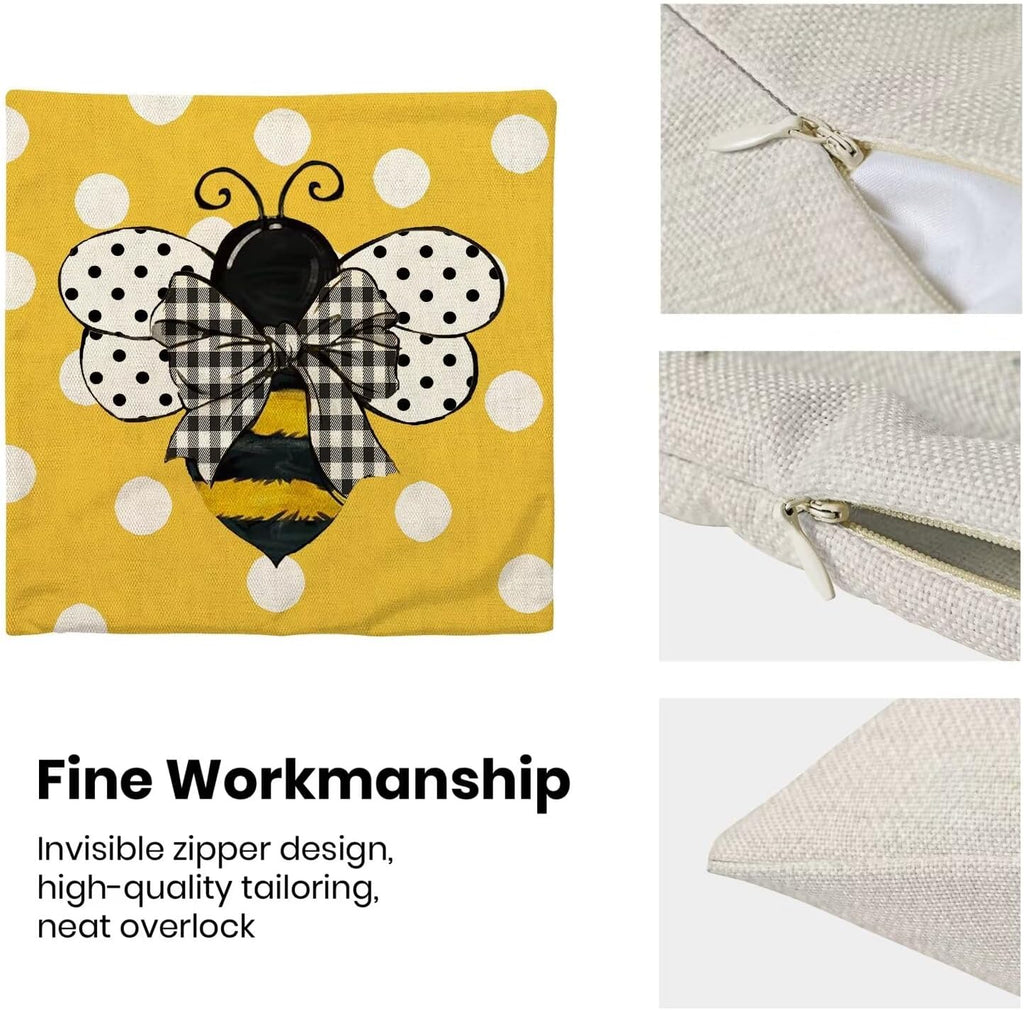 Yellow Bee Pillow Covers 16X16 Set of 2 Polka Dots Outdoor Decorative Throw Pillow Covers Summer Farmhouse Seasonal Linen Cushion Case for Home Sofa Couch Outdoor Decor