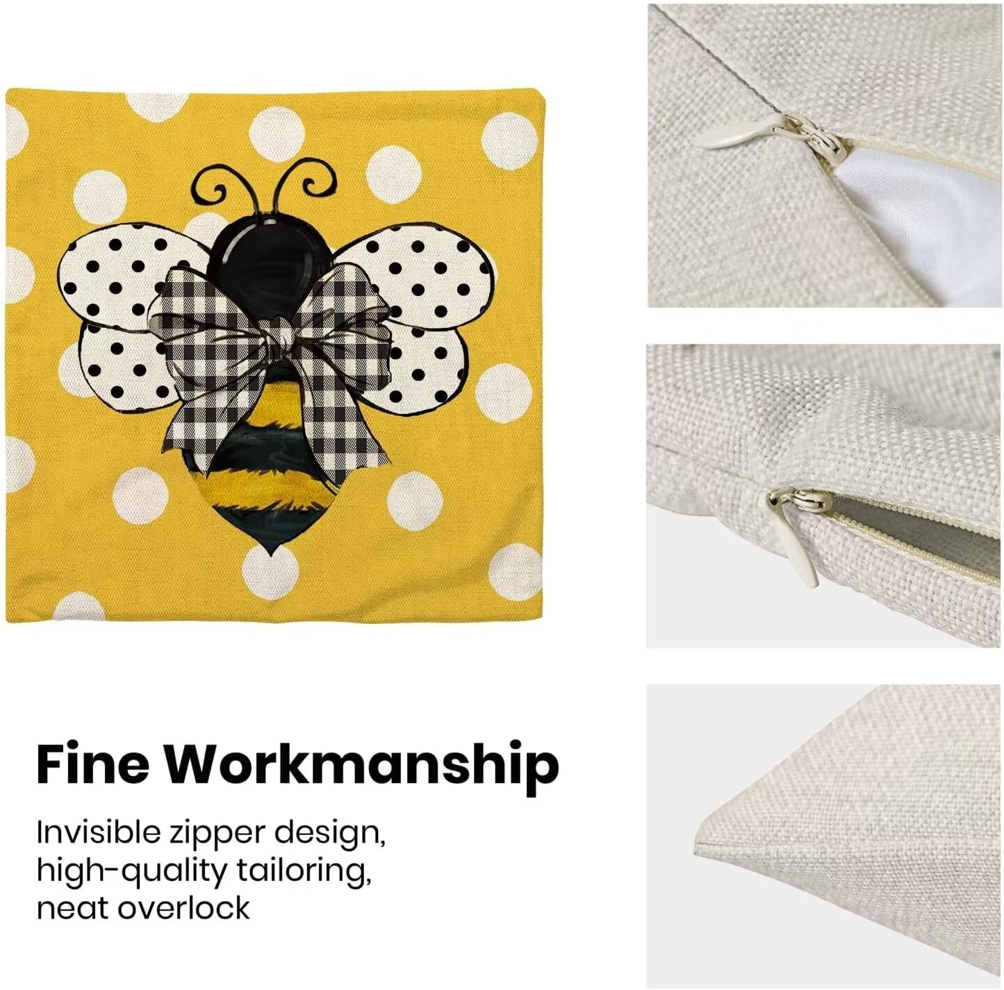Yellow Bee Pillow Covers 16X16 Set of 2 Polka Dots Outdoor Decorative Throw Pillow Covers Summer Farmhouse Seasonal Linen Cushion Case for Home Sofa Couch Outdoor Decor