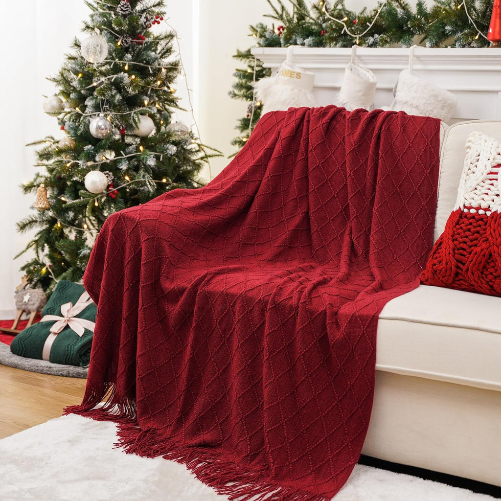 Christmas Decor Red Throw Blanket for Couch, Boho Bed Throws for Foot of Bed, Decorative Red Throws for Sofa Living Room, 50"X60"