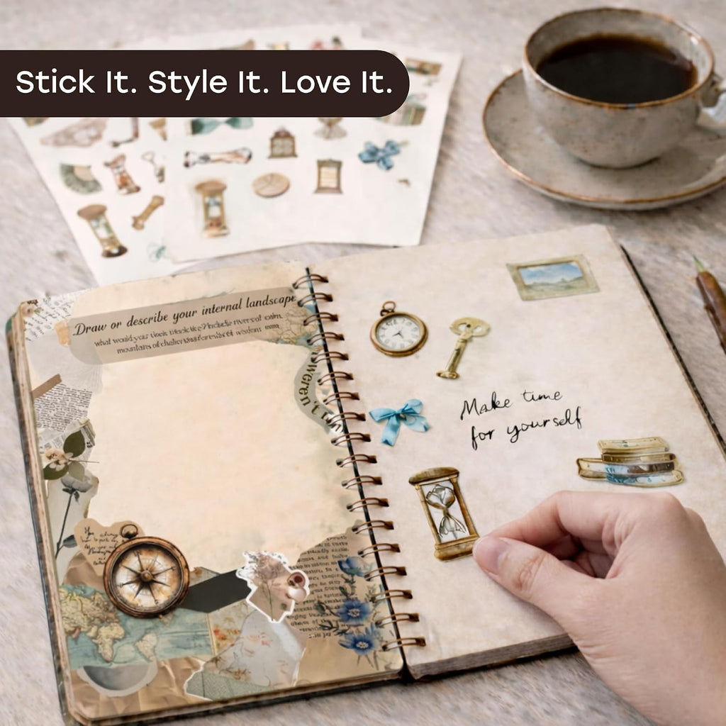 Vintage Chapter Journal Scrapbook Starter Kit for Women Adult Teen | Junk Scrapbook Supplies - Washi Tape, Stickers, Paper, Bullet Art, DIY Journaling Scrapbooks Set - Calligraphy & Sumi Brushes