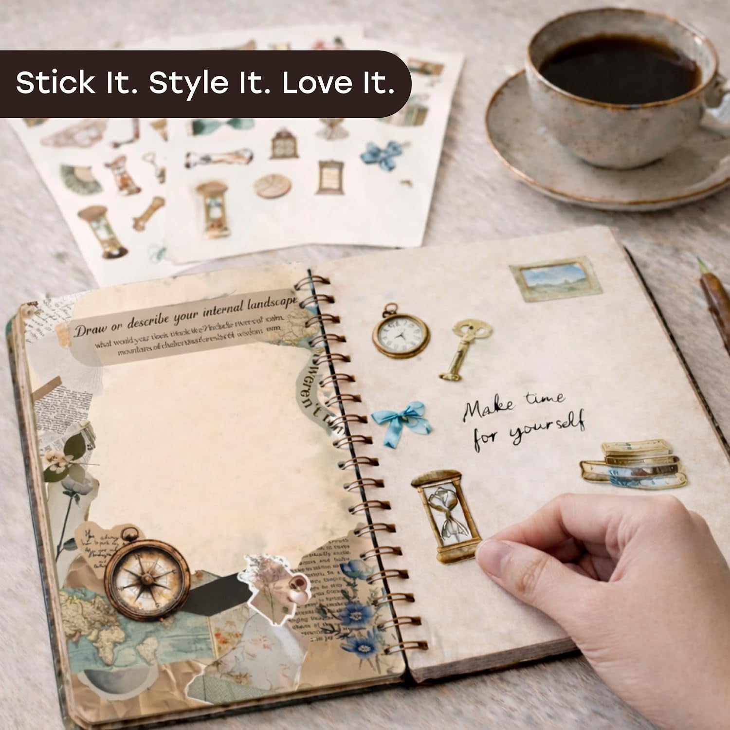 Vintage Chapter Journal Scrapbook Starter Kit for Women Adult Teen | Junk Scrapbook Supplies - Washi Tape, Stickers, Paper, Bullet Art, DIY Journaling Scrapbooks Set - Calligraphy & Sumi Brushes