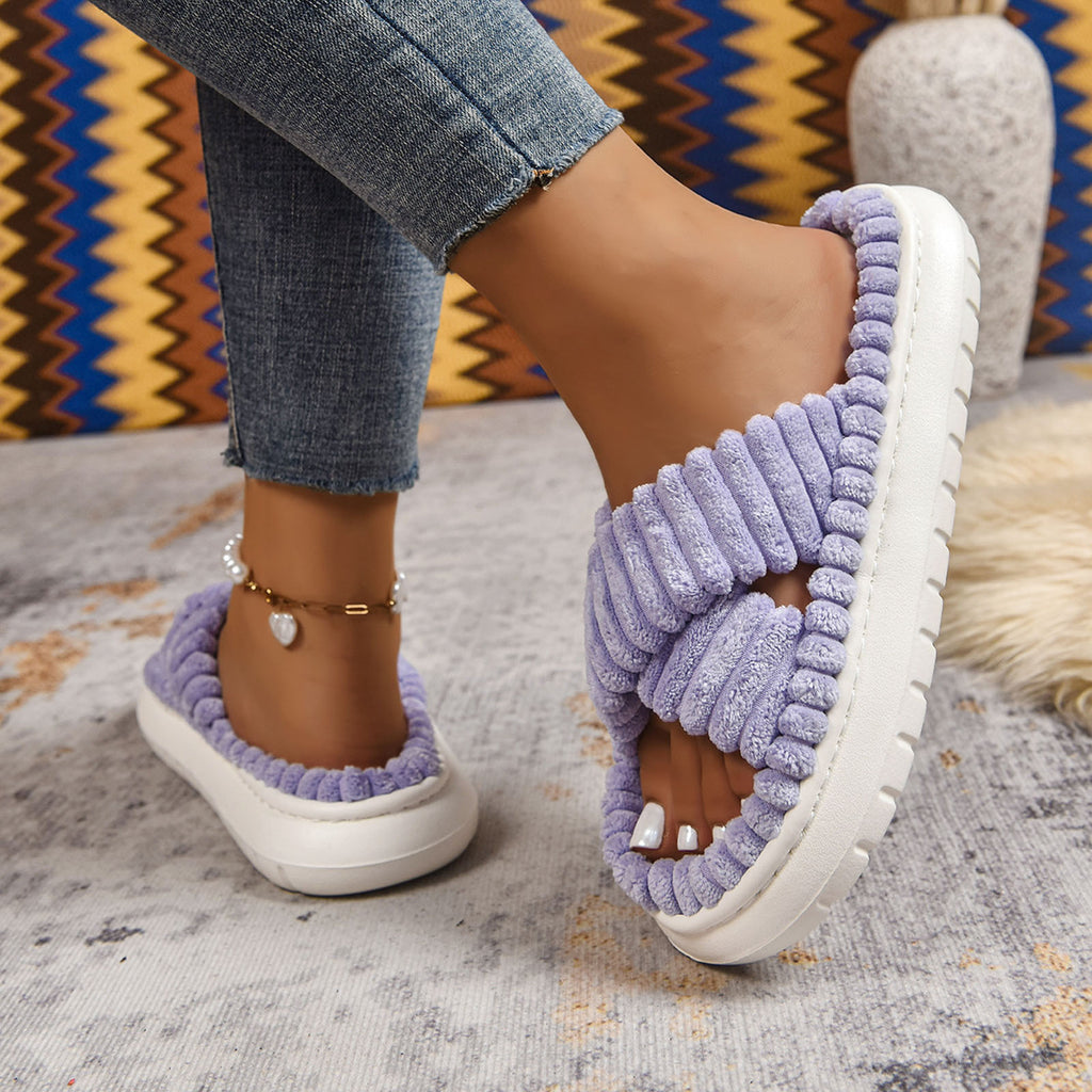 Slippers for Women Corduroy Cross Band Strap Open Toe Comfy Anti-Skid Bedroom House Slide Shoes