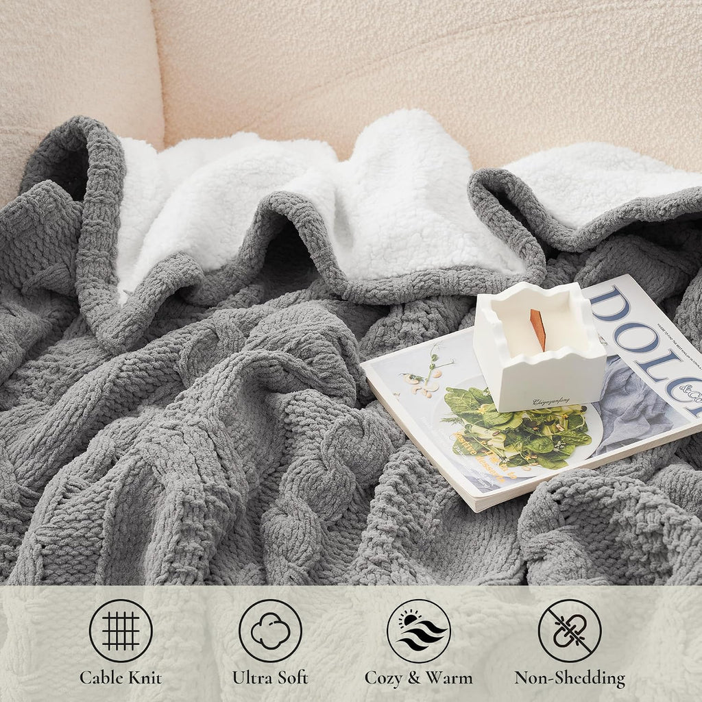 Cable Knit Throw Blanket for Couch, Chenille Sherpa Soft Cozy Throw Blankets for Sofa Chair Comfortable Home, 50"X60", Gray