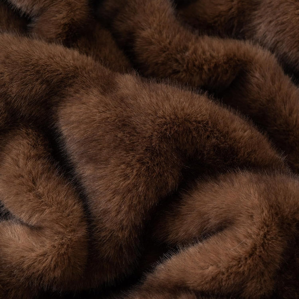 Battilo Chocolate Brown Faux Fur Throw Blanket for Couch, 50"X60" | Luxury Faux Rabbit Fur Blanket with Brown Tip, Soft Cozy Mink Plush Ruched Faux Fur Blanket for Bed, Sofa Living Room