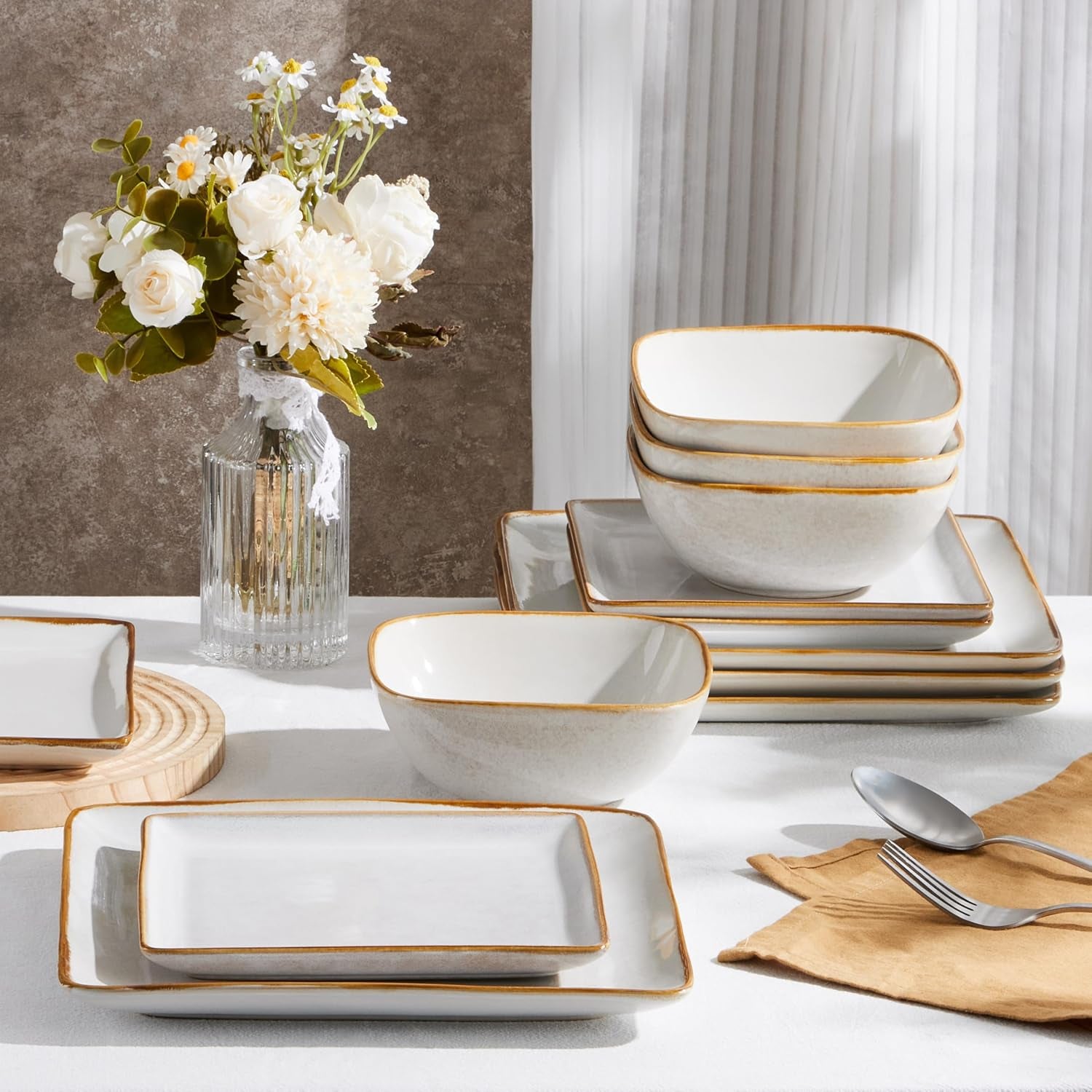 Square Plates and Bowls Sets, 12-Piece Stoneware Dinnerware Sets for 4, Reactive Glaze Dish Set, Chip and Scratch Resistant, Microwave and Dishwasher Safe, Seashell White
