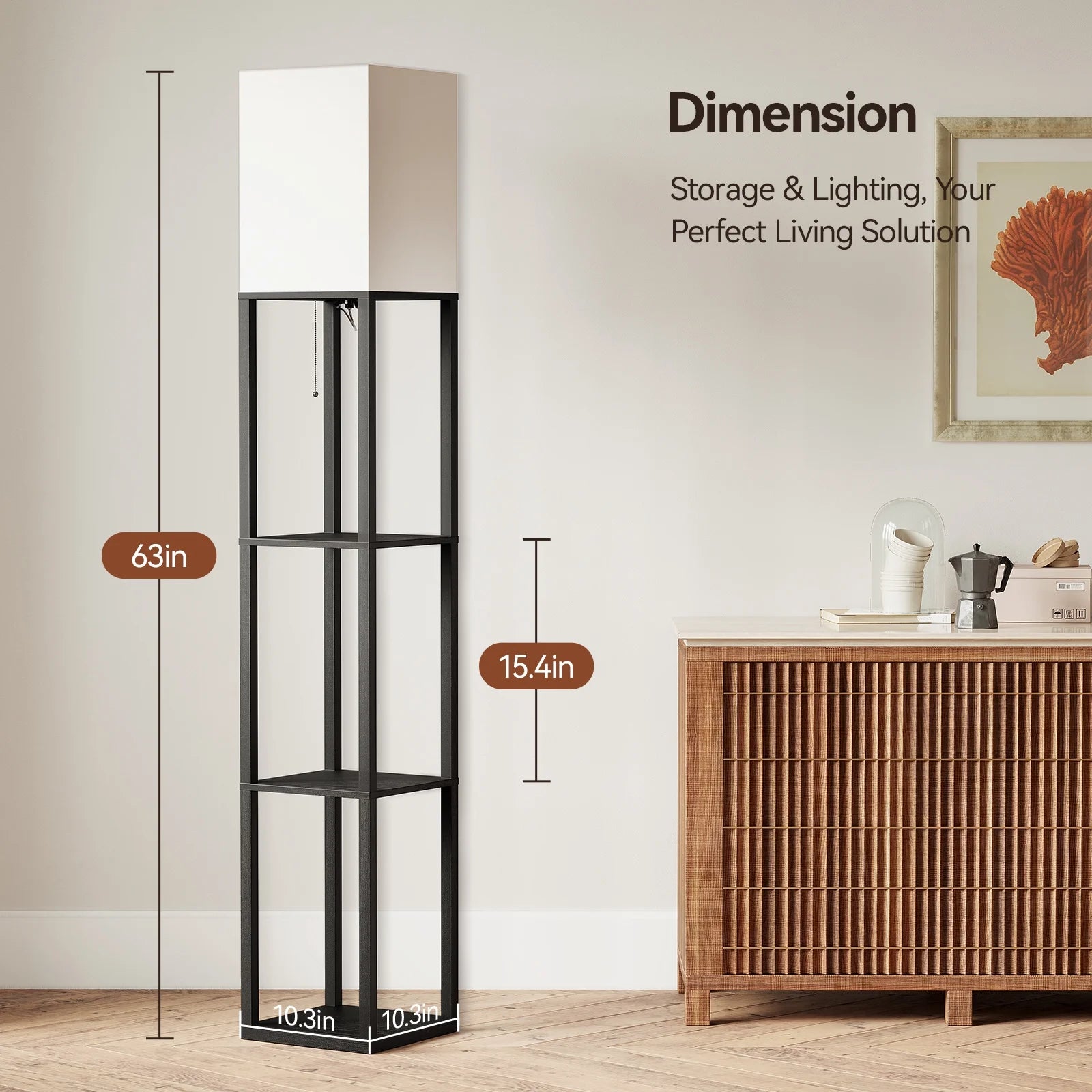63'' Floor Lamps with Shelves, Home Standing Lamp, Include 1000 Lumens Lighting Bulbs, Shelf Floor Lamp, Black Floor Lamps for Living Room, Bedroom, Lamp with Storage Dustproof, UL Certified