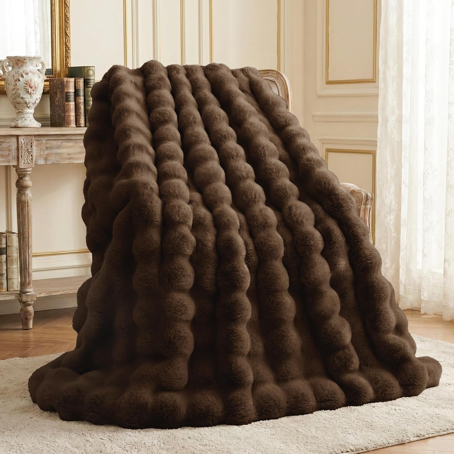 Faux Rabbit Fur Throw Blanket for Couch, 50'' X 60'', Cocoa Brown | Soft Cozy Bubble Fluffy Blanket for Sofa Bed, Thick Warm Plush Fuzzy Throw for Room Home Decor, Luxury Gift for Women Mom