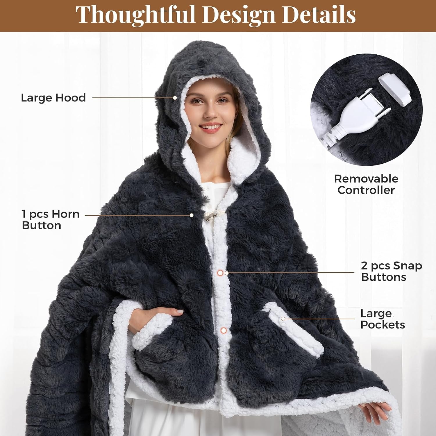 Wearable Heated Blanket Hoodie, Luxury Faux Fur & Sherpa Electric Throw Blanket, Heated Shawl Wraps Poncho with Pockets for Women Men, 3 Heat Levels & 12H Timer, ETL & FCC Certified, 40"X70",Dark Grey