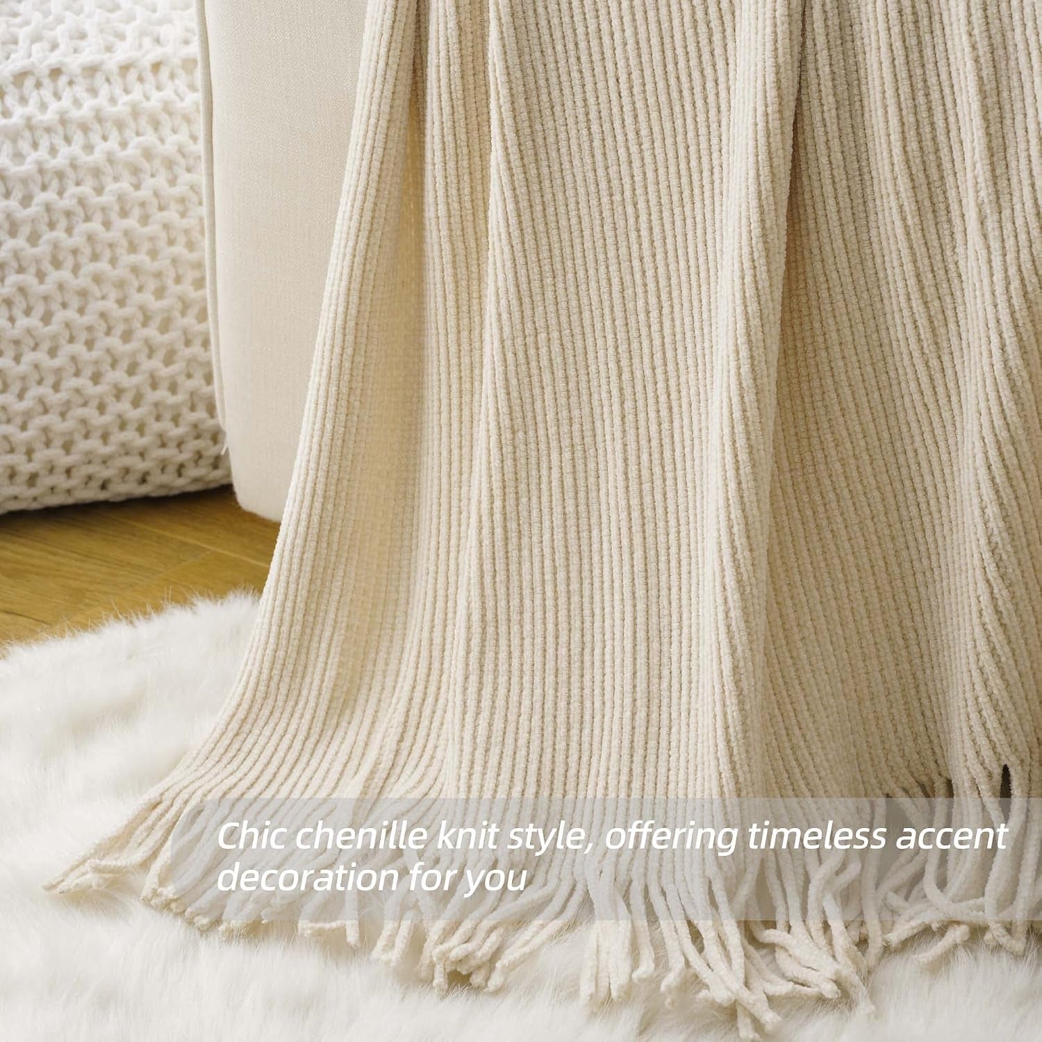 Beige Throw Blanket for Couch, Soft Chenille Knit Throws with Tassels for Home Decor, White Cream Throws for Bed Couch Cover, 60"X80"